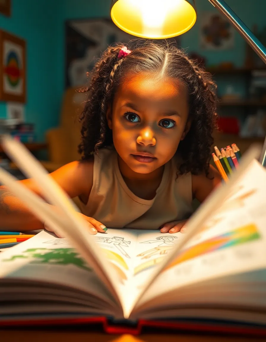 This intimate close-up portrays a creative mixed-race girl immersed in her artistic process, illuminated by warm desk lamp light. The soft focus highlights her features while details of her vibrant art supplies and sketches pop against the darker background, creating a stunning contrast. The teal and orange grading adds a cinematic touch, inviting the viewer into her world of imagination and creativity.
