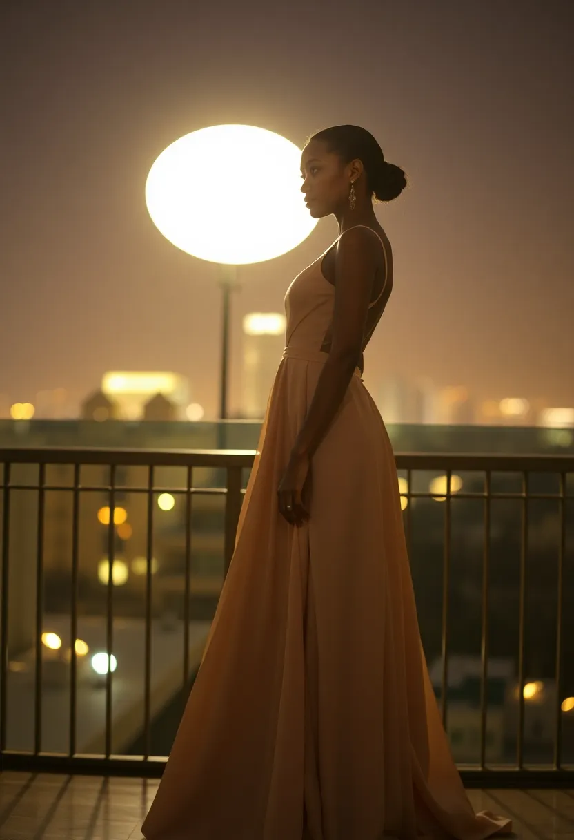 An elegant portrait of a mixed-race girl standing on a balcony, draped in a flowing evening gown. The twinkling city lights create a stunning backdrop, while the butterfly lighting accentuates her features beautifully. The desaturated earth tones of her gown blend harmoniously with the cityscape, creating a sophisticated and captivating scene. This composition captures a moment of grace and poise in an urban environment.