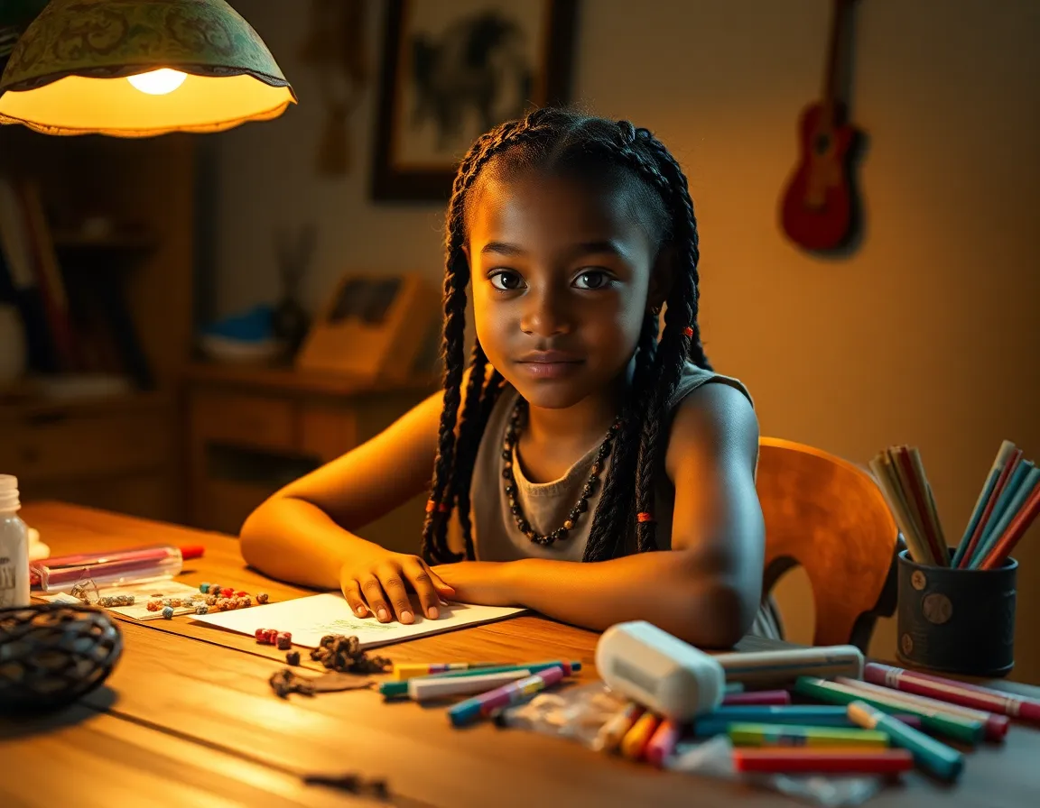 In a cozy corner of a room, a mixed race girl with a joyful expression enjoys her evening, wrapped in a soft knitted scarf. Warm tungsten light from a lamp bathes her in a gentle glow, creating an inviting ambiance. The rich color palette emphasizes the warmth of the moment, while the shallow depth of field blurs the surroundings, focusing on her vibrant smile. This portrait captures a perfect blend of comfort and joy.