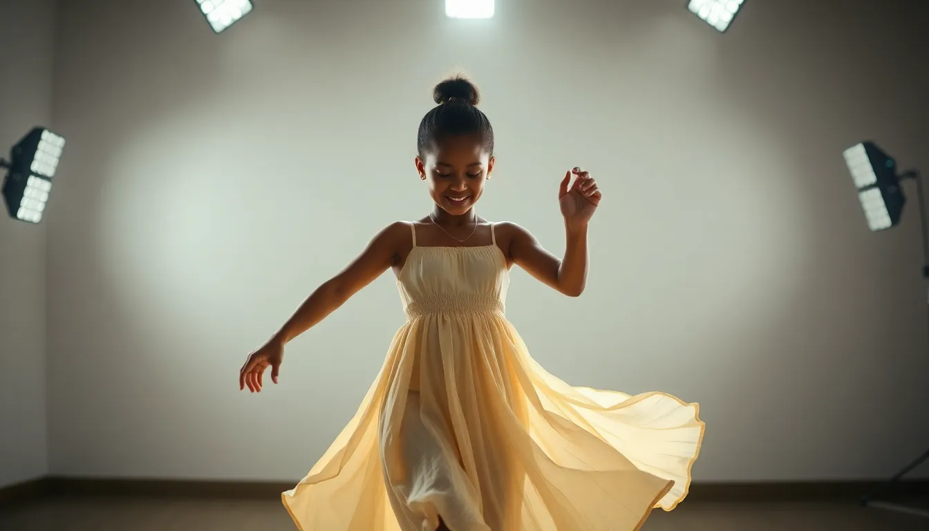 This captivating image showcases a mixed-race girl dancing gracefully in a well-lit studio. The dramatic lighting enhances her movements, casting soft shadows that accentuate her fluidity. Dressed in a flowing dress, the texture of the fabric is beautifully rendered. The soft muted tones create an inviting atmosphere, while the composition centers her in a moment of artistic expression.