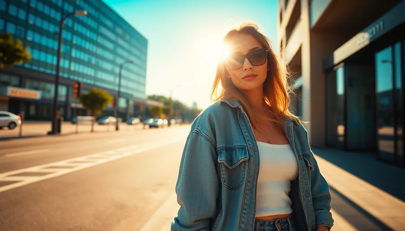 A stylish mixed race girl poses confidently in an urban setting, surrounded by vibrant street art. The strong afternoon sunlight enhances the colors and textures of her denim jacket and soft cotton top. The dynamic composition, with leading lines from the surrounding architecture, draws attention to her engaging pose. The bright, cinematic colors create a lively atmosphere that resonates with a youthful spirit.