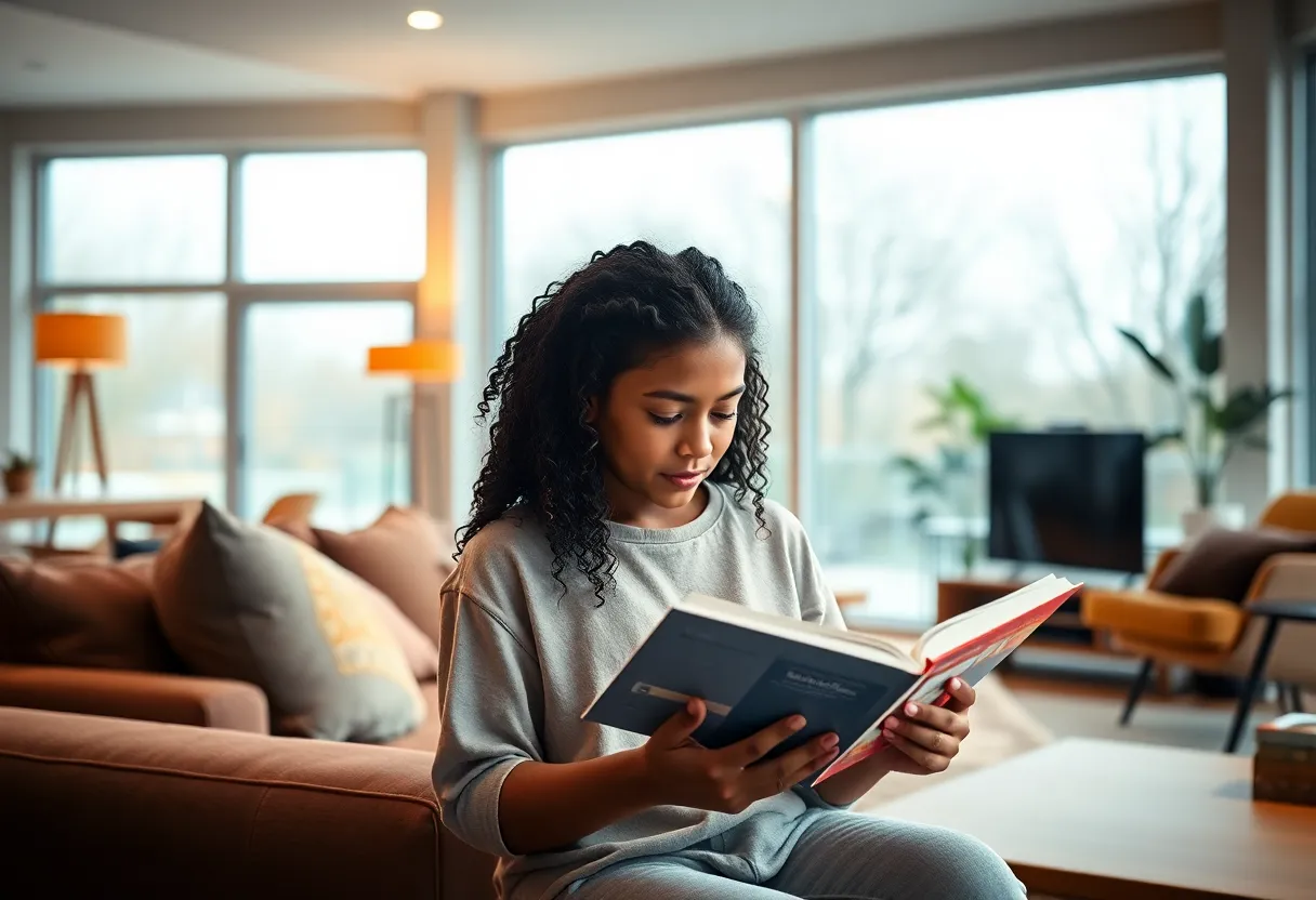 In this serene image, a mixed-race girl is comfortably reading a book in a modern living room filled with natural light. The overcast day creates a soft ambiance, while the teal and orange color grading adds depth and warmth. The sharp focus captures the inviting textures of the surroundings, enhancing the cozy mood of the scene. Ideal for lifestyle and home decor publications, this image radiates tranquility and a love for reading.