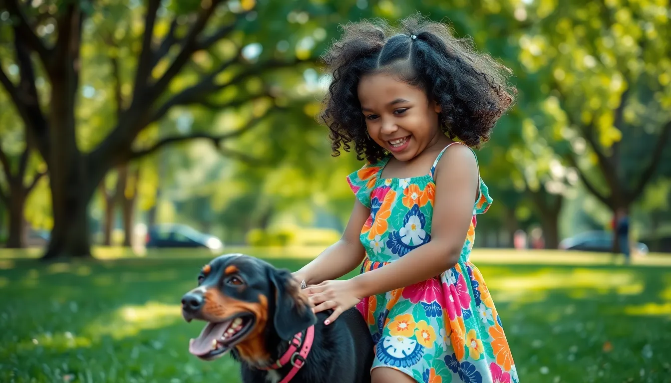 A lively scene capturing a mixed-race girl and her dog playing in a sunlit park. The vibrant colors of her playful dress pop against the lush greenery, while dappled sunlight filters through the trees, creating captivating bokeh effects in the background. The composition draws the viewer's eye along the path they are enjoying, embodying pure joy and the spirit of childhood.