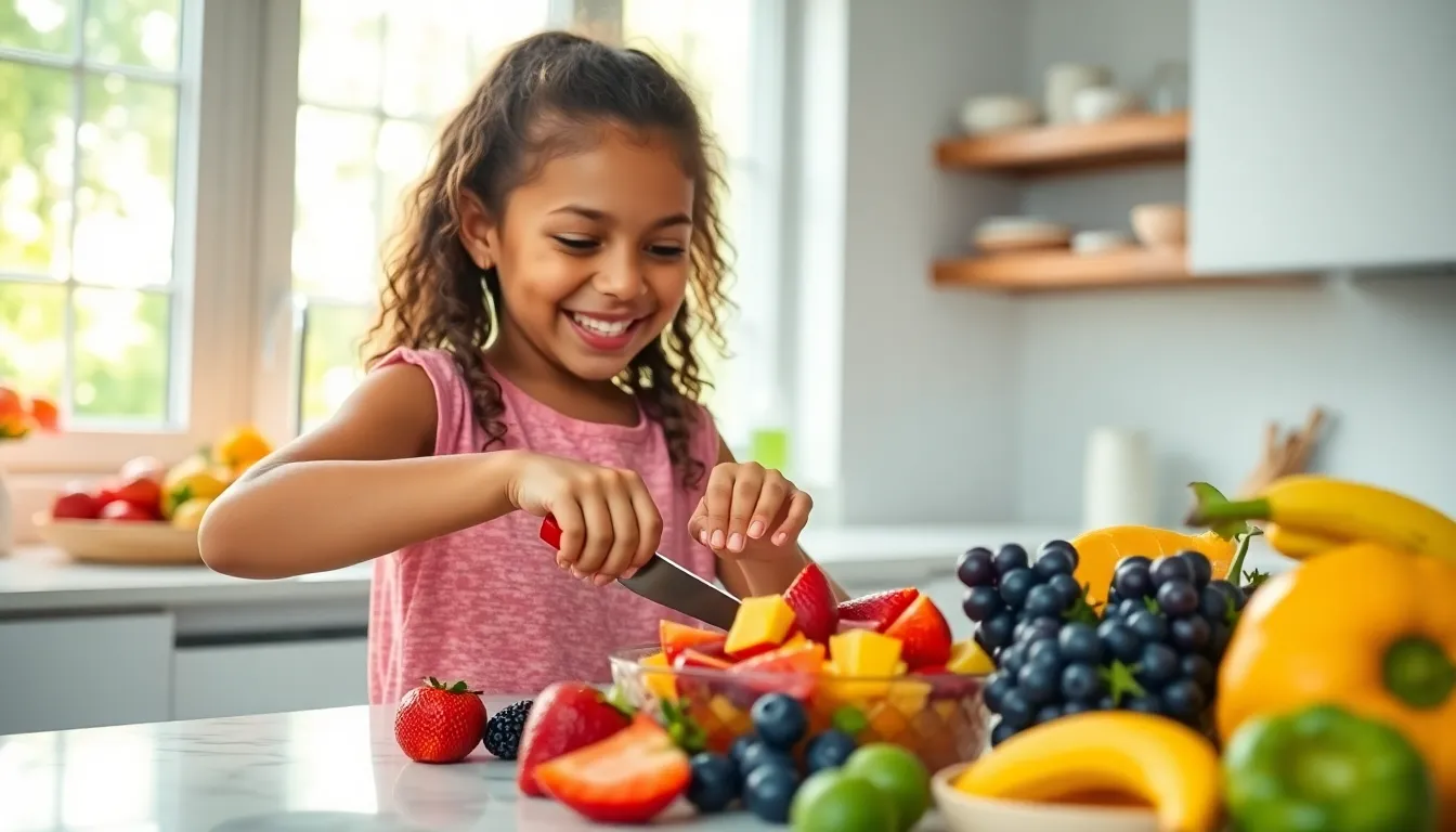 This vibrant image captures a mixed race girl joyfully creating a colorful fruit salad in her bright kitchen. The diffused daylight streaming through large windows enhances the rich colors of the fresh fruits, while her joyful expression brings warmth to the scene. A shallow depth of field emphasizes the textures and details of the fruits, creating a dreamy atmosphere. The well-structured composition draws attention to her hands as she skillfully prepares the salad.