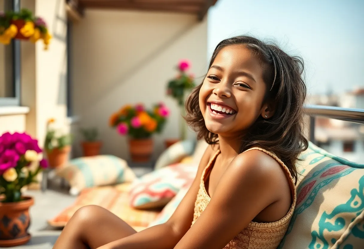 Relaxed Mixed-Race Girl on Rooftop Terrace This image captures a relaxed mixed-race girl laughing on a beautifully decorated rooftop terrace filled with vibrant cushions and colorful flowers. The soft sunlight casts playful shadows that enhance her animated expression, conveying a sense of joy and comfort. With a shallow depth of field, the background is gently blurred, focusing on her delightful presence. The natural earth tones create a tranquil summer vibe, inviting viewers to bask in the warmth of the moment.