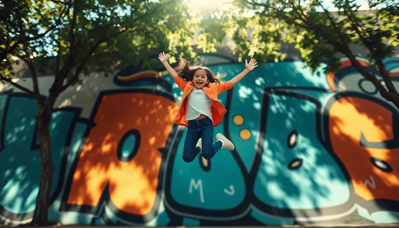 This dynamic photograph showcases a mixed-race girl gracefully leaping against a vibrant urban mural. The action shot captures her joyful spirit, with dappled sunlight illuminating her in mid-air. The colorful mural serves as a striking backdrop, rendered in soft focus to highlight her movement. The teal and orange color grading adds to the energetic urban vibe, creating an eye-catching visual narrative.