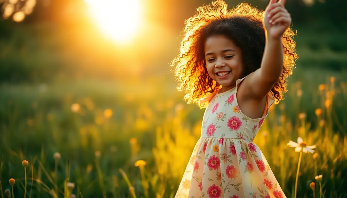 This vibrant image captures a joyful mixed-race girl dancing in a sunlit meadow during golden hour. Her curly hair shines as she twirls in a flowing floral dress, surrounded by colorful wildflowers. The warm golden tones and soft pastel colors create a dreamy atmosphere that evokes feelings of happiness and freedom. The shallow depth of field beautifully blurs the background, emphasizing her energetic pose and bright expression, making it a captivating scene for any audience.