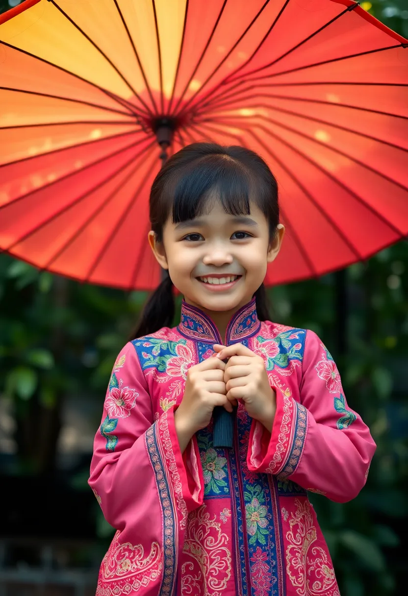 This vibrant image features a young mixed-race girl joyfully holding a colorful umbrella while dressed in traditional attire. The butterfly lighting highlights the intricate details of her clothing and softens her radiant smile. The warm skin tones and rich textures create a captivating visual, drawing the viewer into her playful spirit. Central composition with the umbrella provides a dynamic framing, making this image a delightful representation of cultural beauty and joy.
