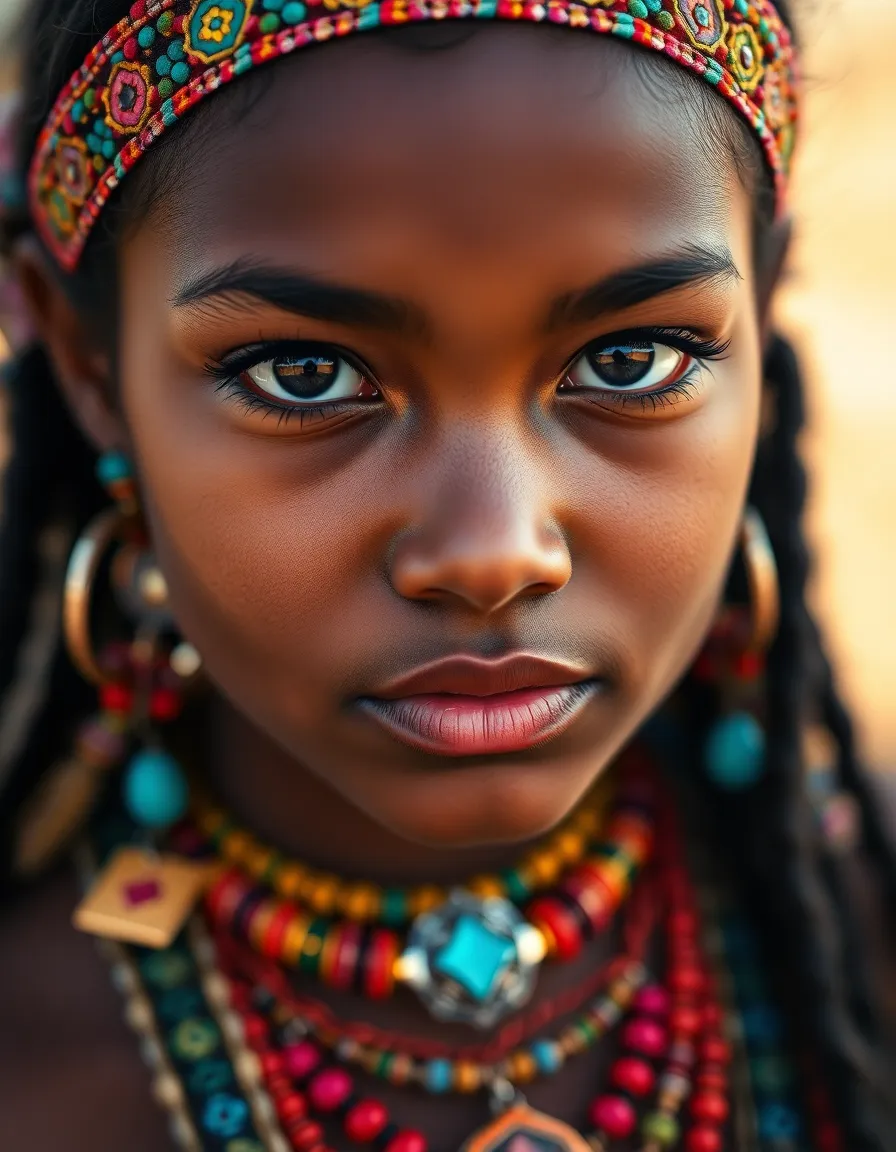 Vibrant Mixed-Race Girl with Tribal Accessories This vibrant portrait captures a mixed-race girl adorned in colorful tribal accessories, exuding confidence and pride in her cultural heritage. Soft, diffused daylight enhances the intricate details of her jewelry and the natural textures of her skin. With an ultra shallow depth of field, her expressive eyes draw immediate attention, while the background beautifully blurs into a painterly bokeh. Rich jewel tones dominate the color palette, celebrating individuality and cultural beauty in this striking visual piece.