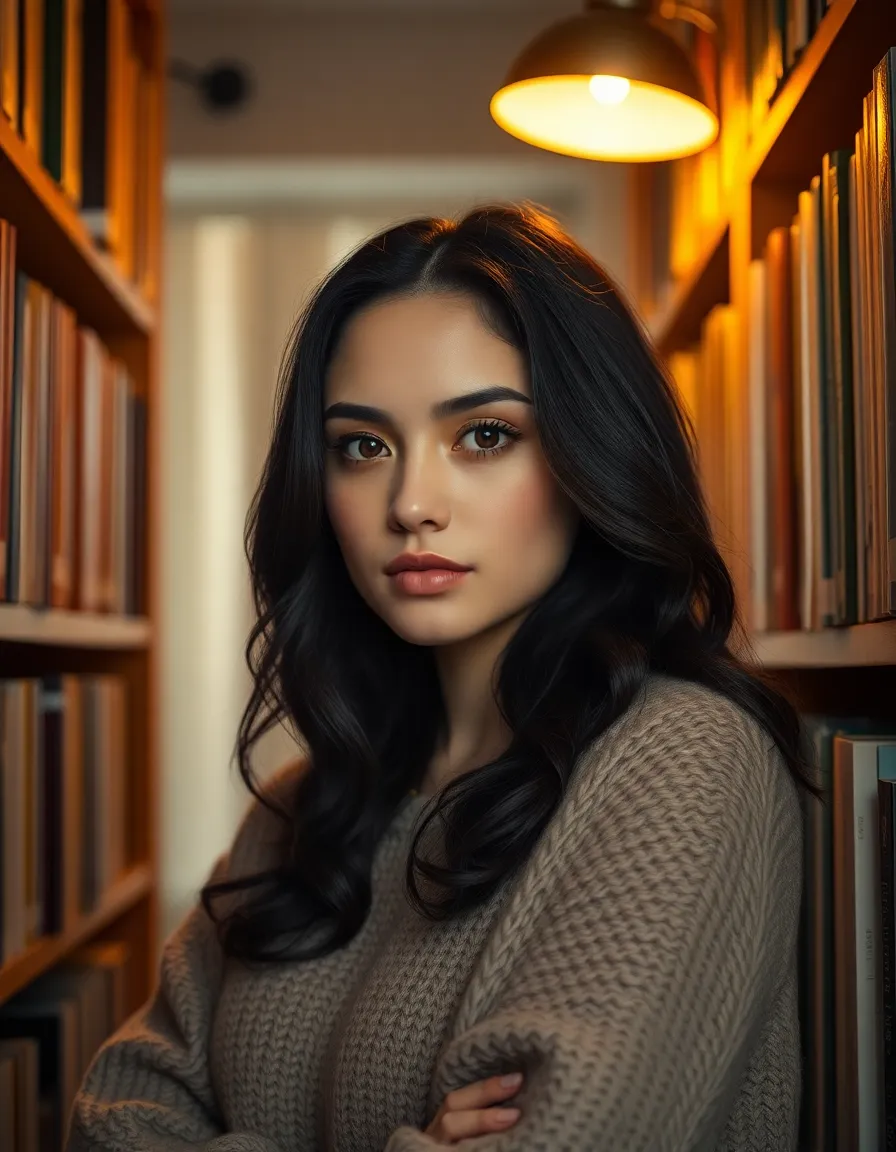 Mixed Race Girl in a Warmly Lit Study In a warmly lit study, a mixed race girl gazes thoughtfully at the camera, surrounded by shelves filled with books. The warm light casts soft shadows, enhancing the natural beauty of her features. Dressed in a cozy knit sweater, she evokes a sense of intellectual curiosity and comfort. This intimate portrait captures a moment of quiet reflection and warmth.