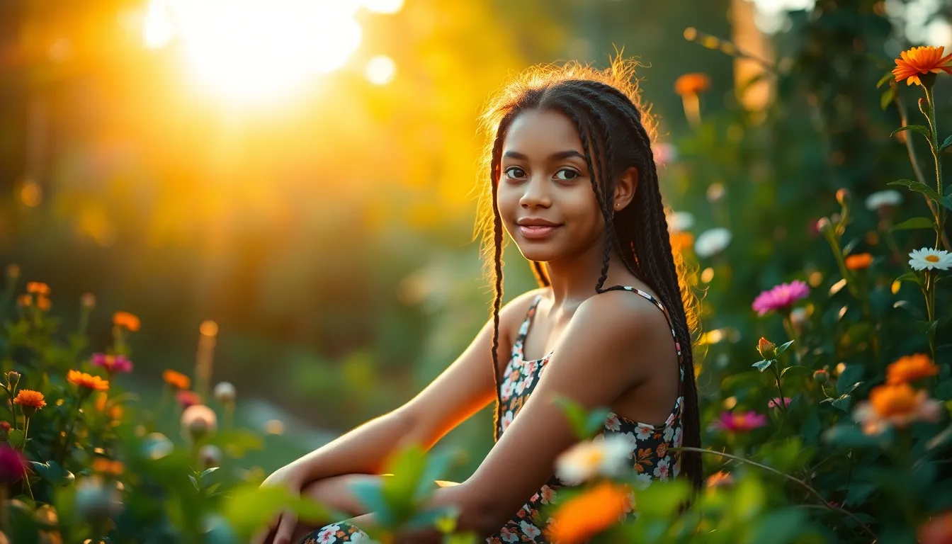 In this enchanting image, a mixed-race girl sits gracefully in a vibrant garden bathed in golden hour light. The warm backlighting creates a soft rim around her, accentuating her features and the floral dress she wears. Surrounded by lush greenery and colorful blooms, the scene captures the peaceful essence of nature. The dreamy background bokeh adds depth and reinforces the subject's connection to her surroundings.