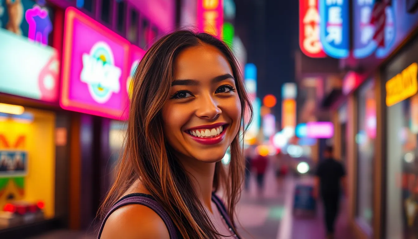 A joy-filled mixed race girl smiles brightly against a backdrop of vibrant city lights in the evening. The neon reflections create a lively environment, while the shallow depth of field emphasizes her expression amidst the energetic urban life. The saturated color palette inspired by Fujifilm Velvia adds to the excitement of the scene, capturing the essence of youth and the joys of city living. This dynamic portrait invites viewers to share in her moment of happiness.