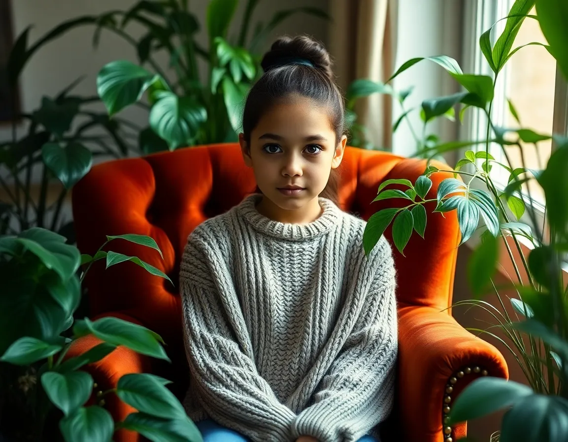 Thoughtful Mixed-Race Girl Among Indoor Plants This portrait captures a thoughtful mixed-race girl seated in a vintage velvet chair, surrounded by rich greenery of indoor plants. Soft natural light floods the scene, creating a serene and inviting atmosphere. Her cozy knit sweater adds warmth and texture, while the shallow depth of field beautifully isolates her from the lush background. The vibrant greens and warm earth tones enhance the overall mood, portraying a moment of calm introspection.