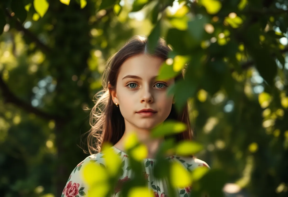 In a lush garden, a mixed race girl stands amidst vibrant flowers, her expression serene and contemplative. Dappled sunlight filters through the trees, creating beautiful patterns of light and shadow on her face. Her floral dress complements the natural environment, while soft focus draws attention to her bright eyes. The overall effect is tranquil and inviting, perfectly capturing a moment of connection with nature.