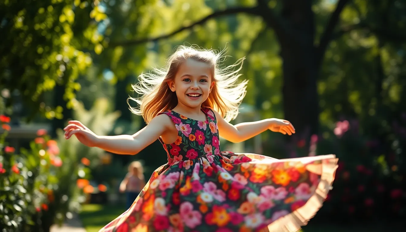This vibrant image captures a mixed-race girl joyfully spinning in a garden filled with colorful flowers, illuminated by dappled sunlight. Her floral dress adds to the vivid scene, while the shallow depth of field keeps the focus on her bright expression. The saturated colors echo the beauty of nature and the carefree spirit of childhood.