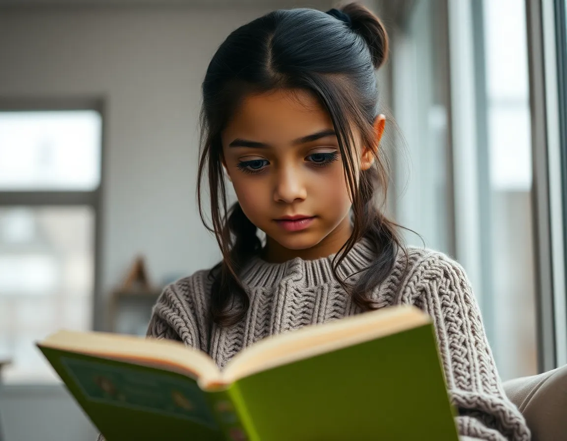 In a serene indoor setting, a mixed-race girl is engrossed in a book, beautifully lit by diffused daylight coming through large windows. Her focused expression is enhanced by the soft texture of her cozy knitted sweater, and the muted earth tones of the scene add to the tranquil mood. The delicate bokeh around her emphasizes her concentration, inviting viewers into her world of stories.