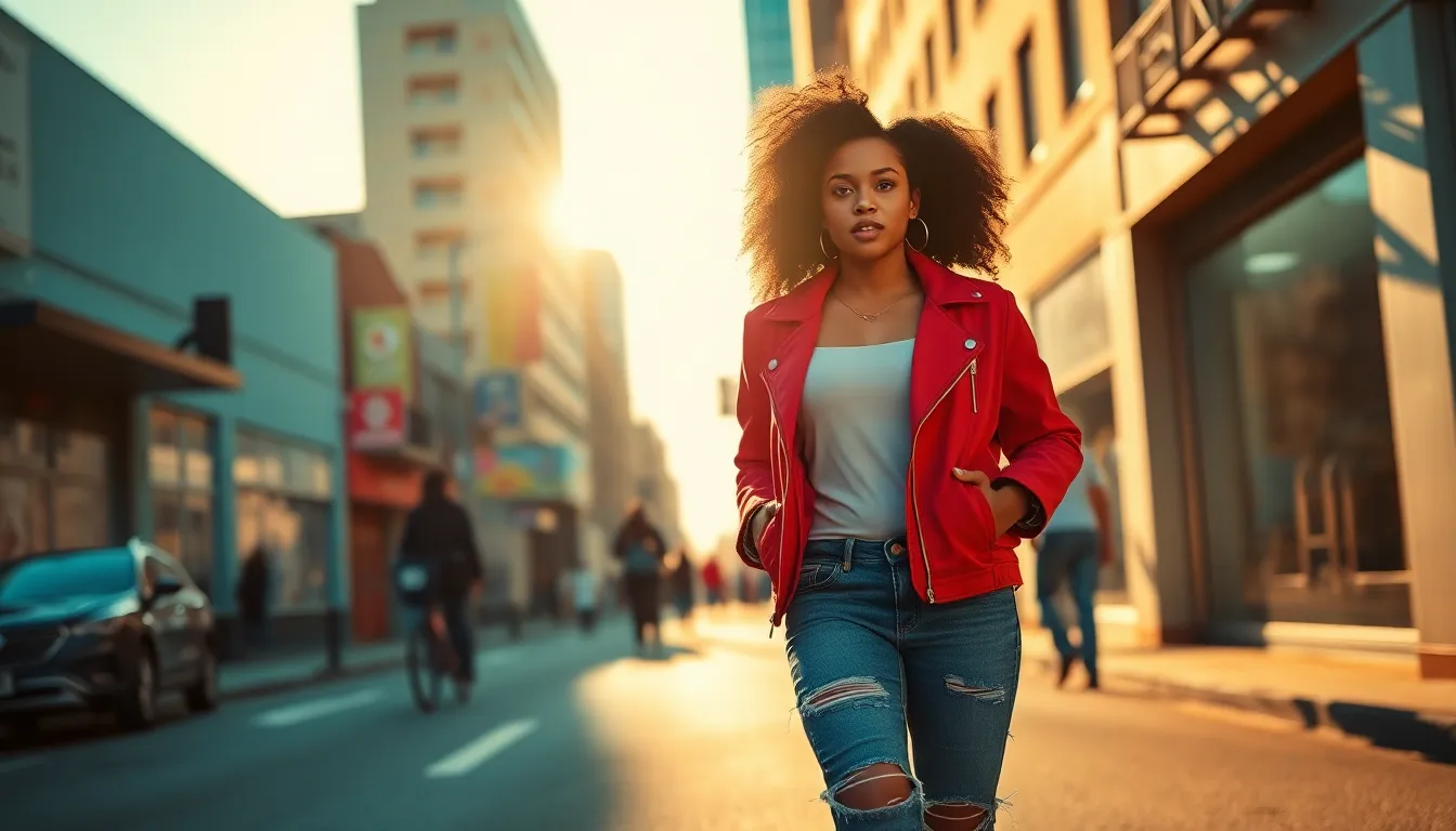 This striking portrait showcases a mixed race girl striding confidently in an urban environment. Dressed in a vibrant red jacket and distressed jeans, she exudes energy and style. The late afternoon sunlight creates dynamic contrasts and shadows, while leading lines from the street guide the viewer's eye to her bold presence. The cinematic teal and orange color grading enhances the modern aesthetic of the composition.