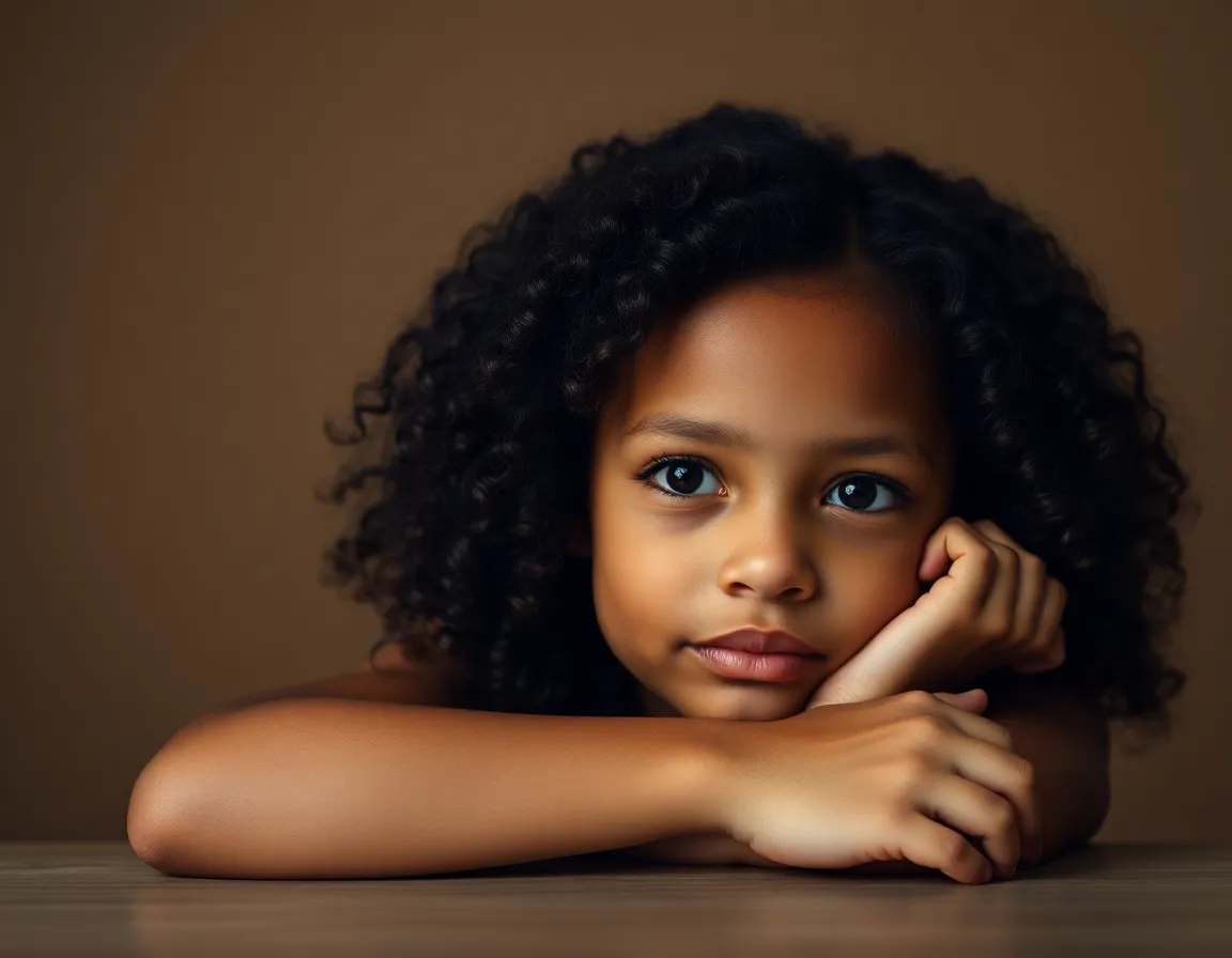 This intimate studio portrait features a mixed-race girl lost in thought, resting her chin on her hand. The soft studio lighting beautifully illuminates her face and curls, creating a gentle and serene atmosphere. The muted color palette accentuates her natural beauty, while the shallow depth of field draws the viewer's eye directly to her expressive gaze. This photograph encapsulates a moment of quiet reflection, inviting deeper connection.