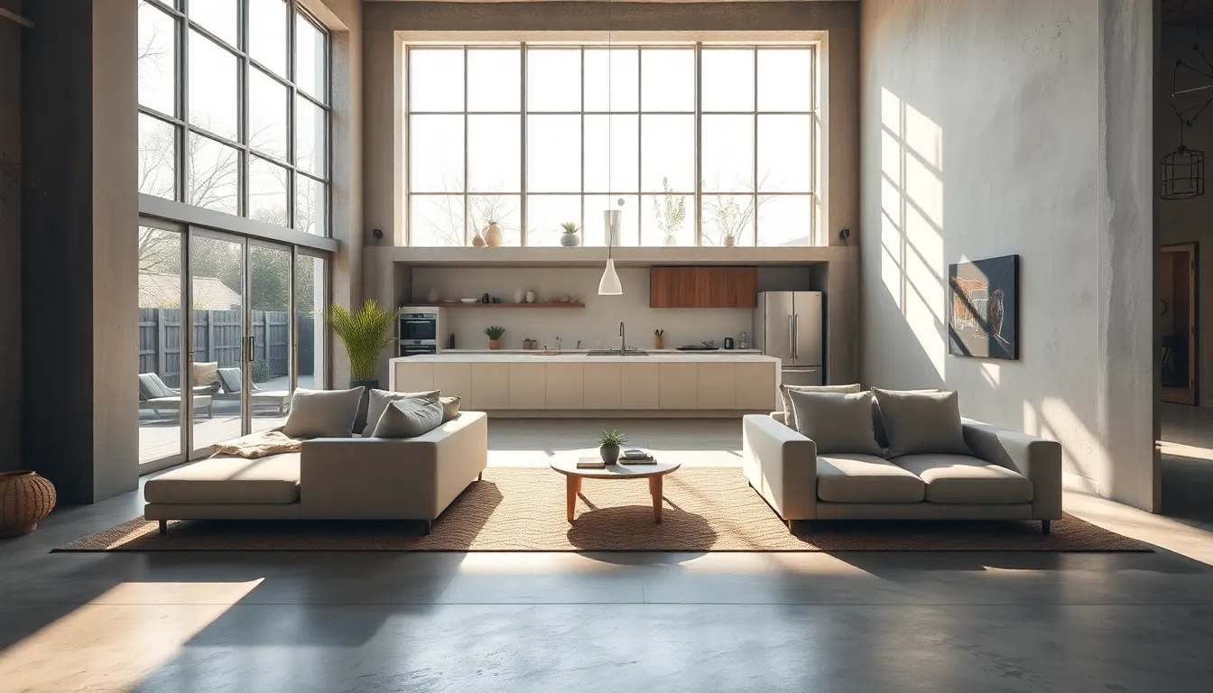 This vibrant image portrays a stylish open-plan kitchen and dining area bathed in natural light. The polished concrete floors and wooden accents harmonize beautifully, creating a sense of space and modernity. With bright light pouring in through expansive bay windows, the atmosphere feels inviting and energizing. The careful composition and attention to texture highlight the contemporary design, making it ideal for showcasing modern architectural excellence.