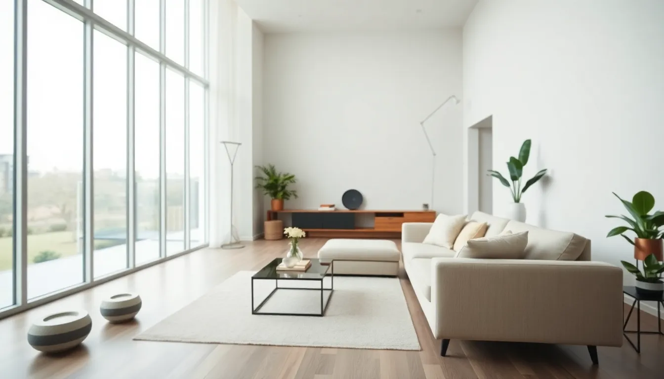 This image showcases a bright, spacious modern living room bathed in soft, diffused daylight. The minimalist design is highlighted by a stylish sofa and decorative plants, creating a serene environment. The natural muted tones and smooth textures add warmth and comfort, making it an inviting space. The composition focuses on balance and harmony, ideal for real estate marketing or interior design inspiration.