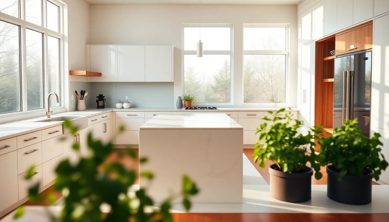 This image features a contemporary kitchen, characterized by its minimalistic white cabinetry and a spacious island topped with rich marble. Soft daylight floods the room, illuminating the warm wooden floors and creating an inviting atmosphere. Potted herbs in the foreground add a touch of greenery, contrasting beautifully with the cool marble. The composition is thoughtfully arranged to draw attention to the kitchen's elegant design and functionality.