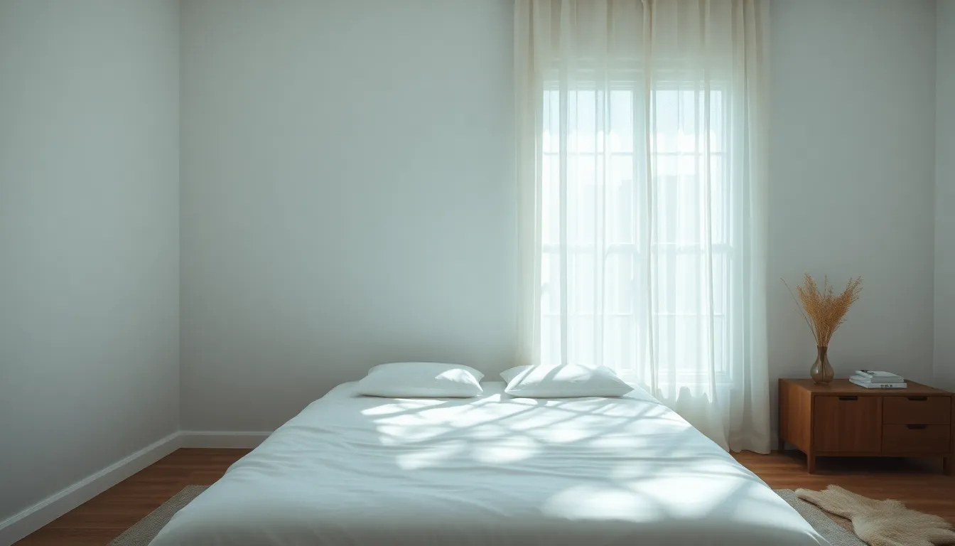 This serene minimalist bedroom is captured in soothing natural light streaming through a large window. The design features soft blues and greys, creating a calming retreat. The sharp focus across the room highlights the clean lines and attention to detail in the furnishings. The peaceful atmosphere invites relaxation, making it an ideal space for unwinding after a long day.