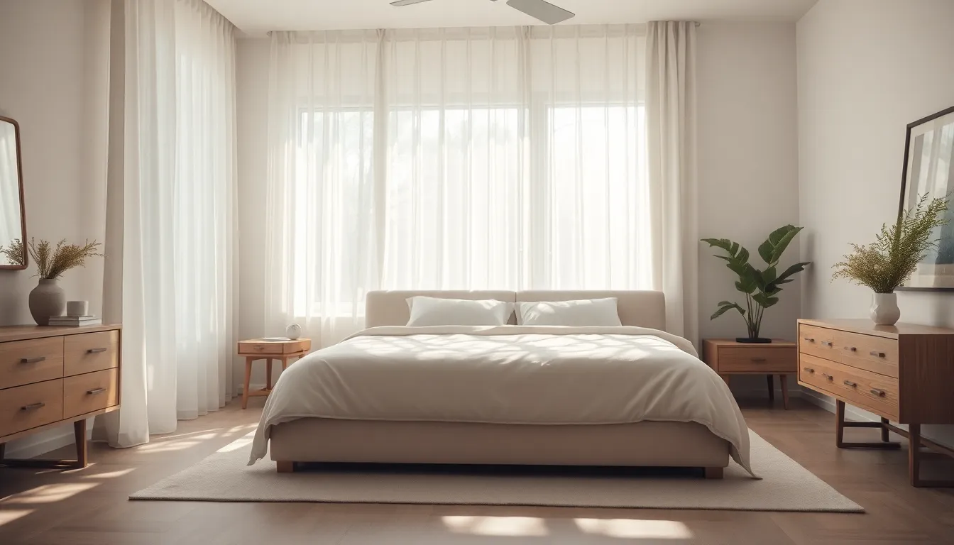 This image presents a tranquil modern bedroom adorned with soft textures and pastel colors. Dappled sunlight filtering through sheer curtains creates a warm and inviting ambiance. The composition is meticulously arranged to highlight the clean lines of the furniture, with the bed as a focal point, embodying a serene and restful escape from daily life.