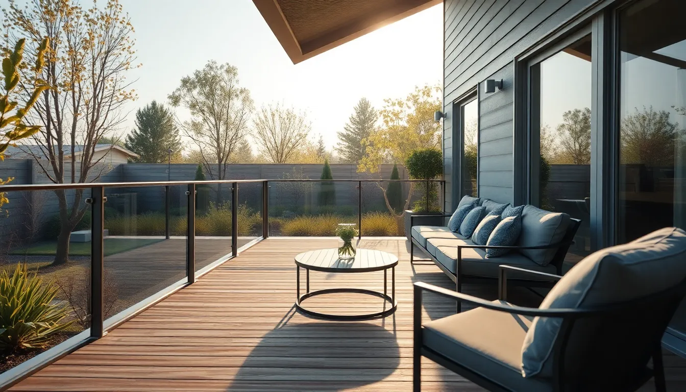This serene image features a contemporary porch in the soft light of morning, where dew droplets enhance the beauty of the wooden deck and glass railing. The leading lines draw the eye towards a lush garden, while sleek metal furniture adds a modern touch. The muted color palette complements the textures of the outdoor cushions, creating a tranquil outdoor retreat.