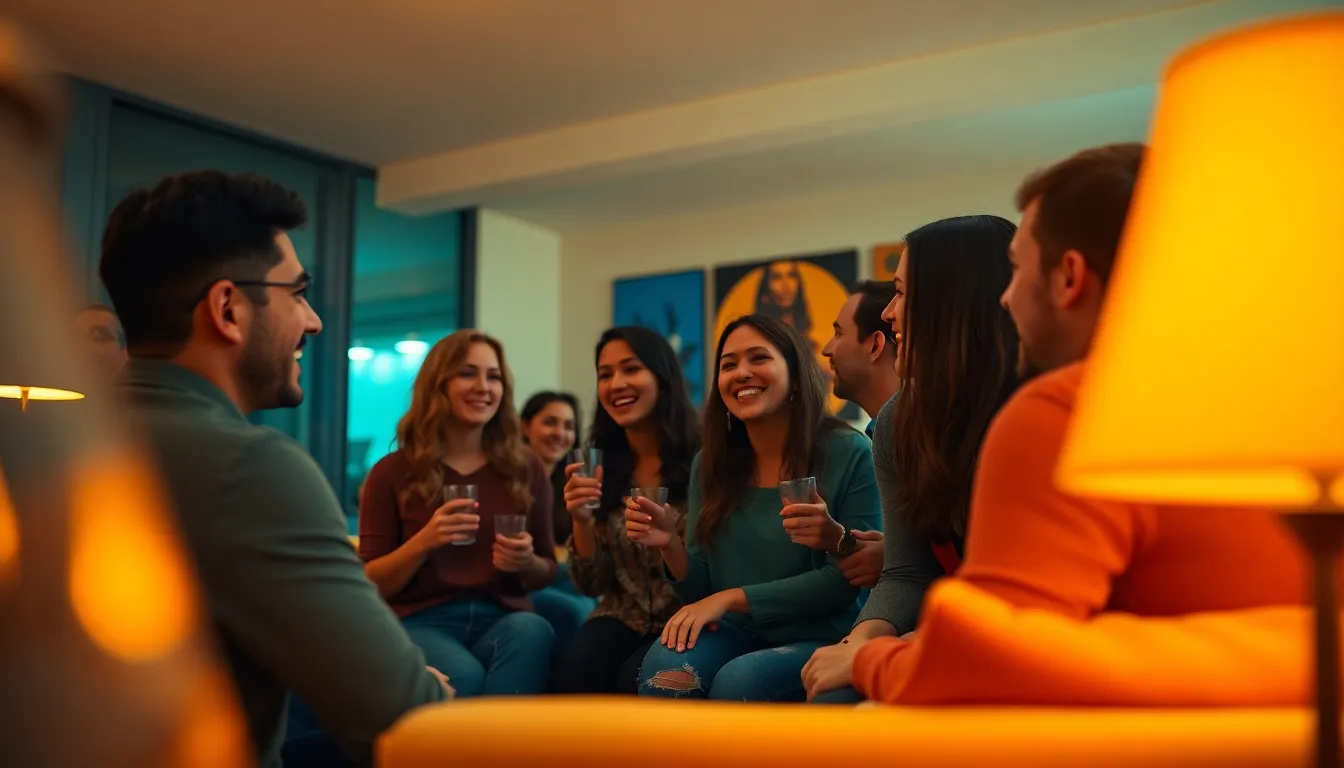 This vibrant living space captures the energy of a lively gathering among friends. Warm tungsten lighting creates an inviting atmosphere, while a cinematic teal and orange color palette enhances the scene's vibrance. Selective focus on the laughing group highlights the joy of connection against a softly blurred modern decor backdrop. The dynamic composition draws viewers into the interaction, making this image perfect for lifestyle branding, social gatherings, and contemporary home showcases.