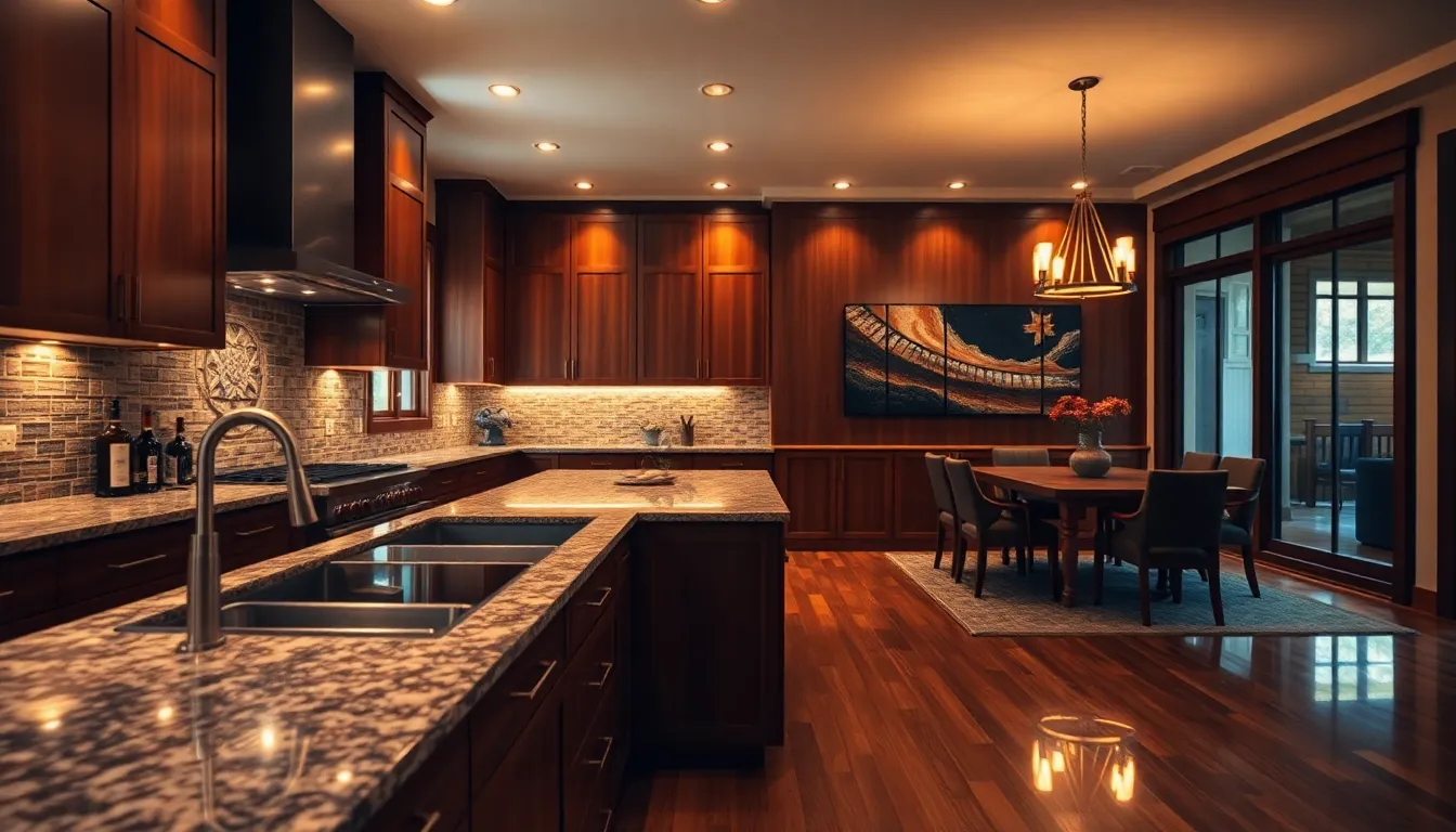 This photorealistic image features an elegant modern kitchen filled with natural materials. Overcast lighting softly illuminates the marble countertops and stainless steel appliances, creating an inviting atmosphere. A large island showcases fresh herbs and neatly arranged cookbooks, emphasizing the kitchen's functionality. The muted color palette complements the textural details, presenting a harmonious blend.