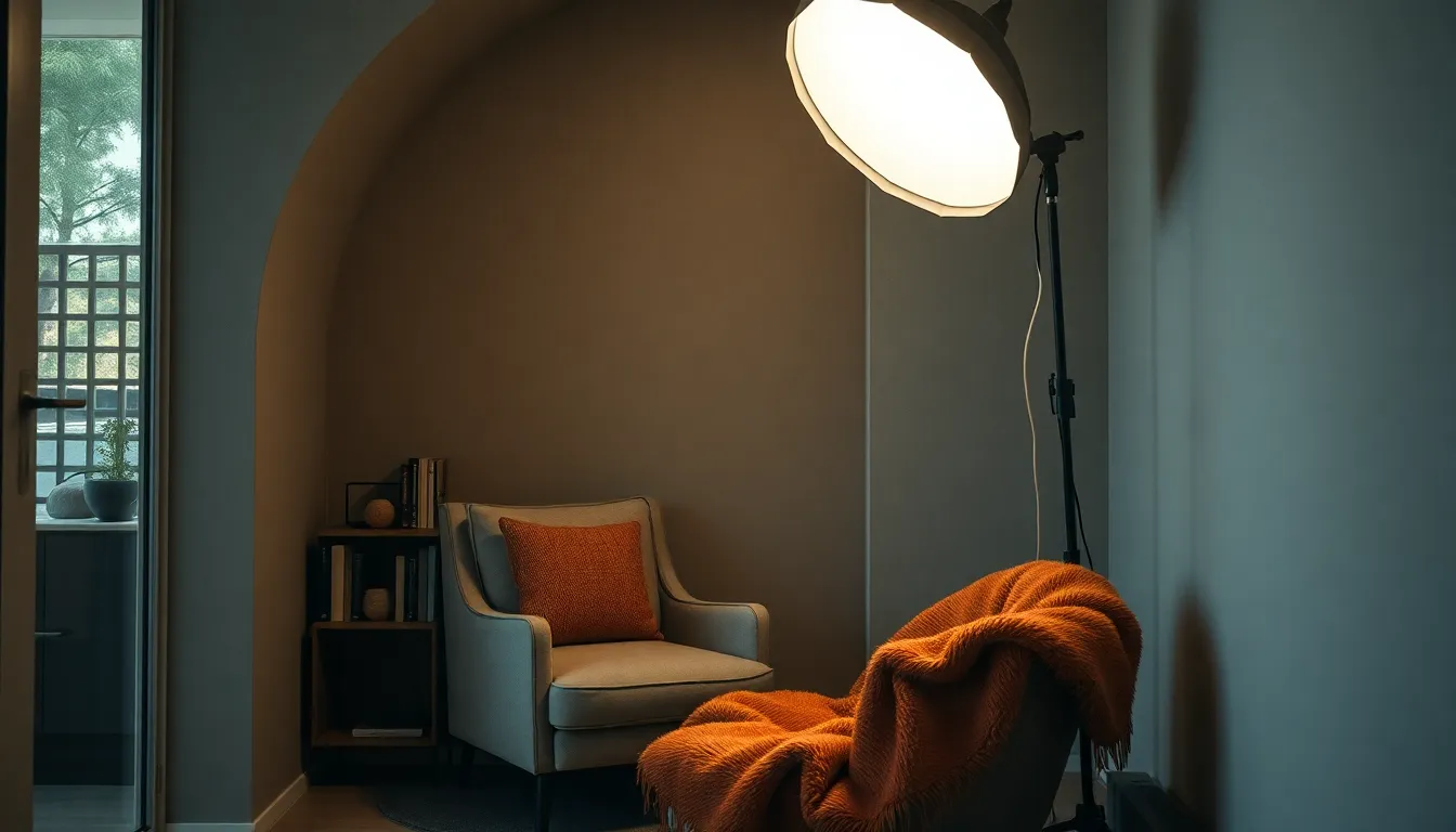 This image captures a peaceful reading nook within a modern home, featuring a plush armchair and a small bookshelf filled with books. The warm throw blanket adds a touch of comfort, while soft lighting enhances the tranquil atmosphere. The natural muted tones and rich textures invite viewers to dive into a world of relaxation and imagination, perfect for cozy evenings at home.