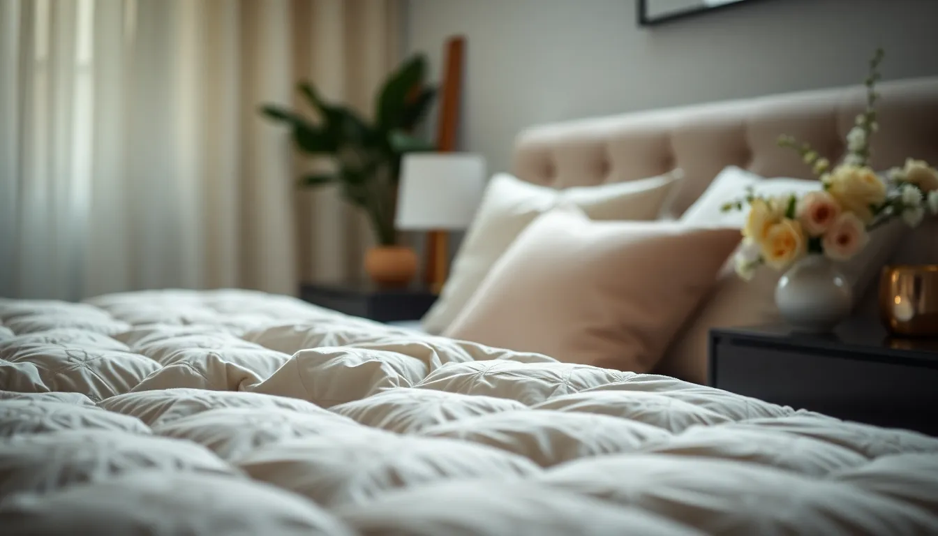 This image presents a tranquil bedroom retreat, embodying modern elegance with its soft hues and inviting textures. Early morning light filters into the room, casting a soothing glow on a plush duvet and an array of pillows. A bedside table, adorned with fresh flowers, adds a touch of nature to the serene setting. The selective focus draws attention to the delicate patterns of the bedding, enhancing the overall cozy and stylish atmosphere.