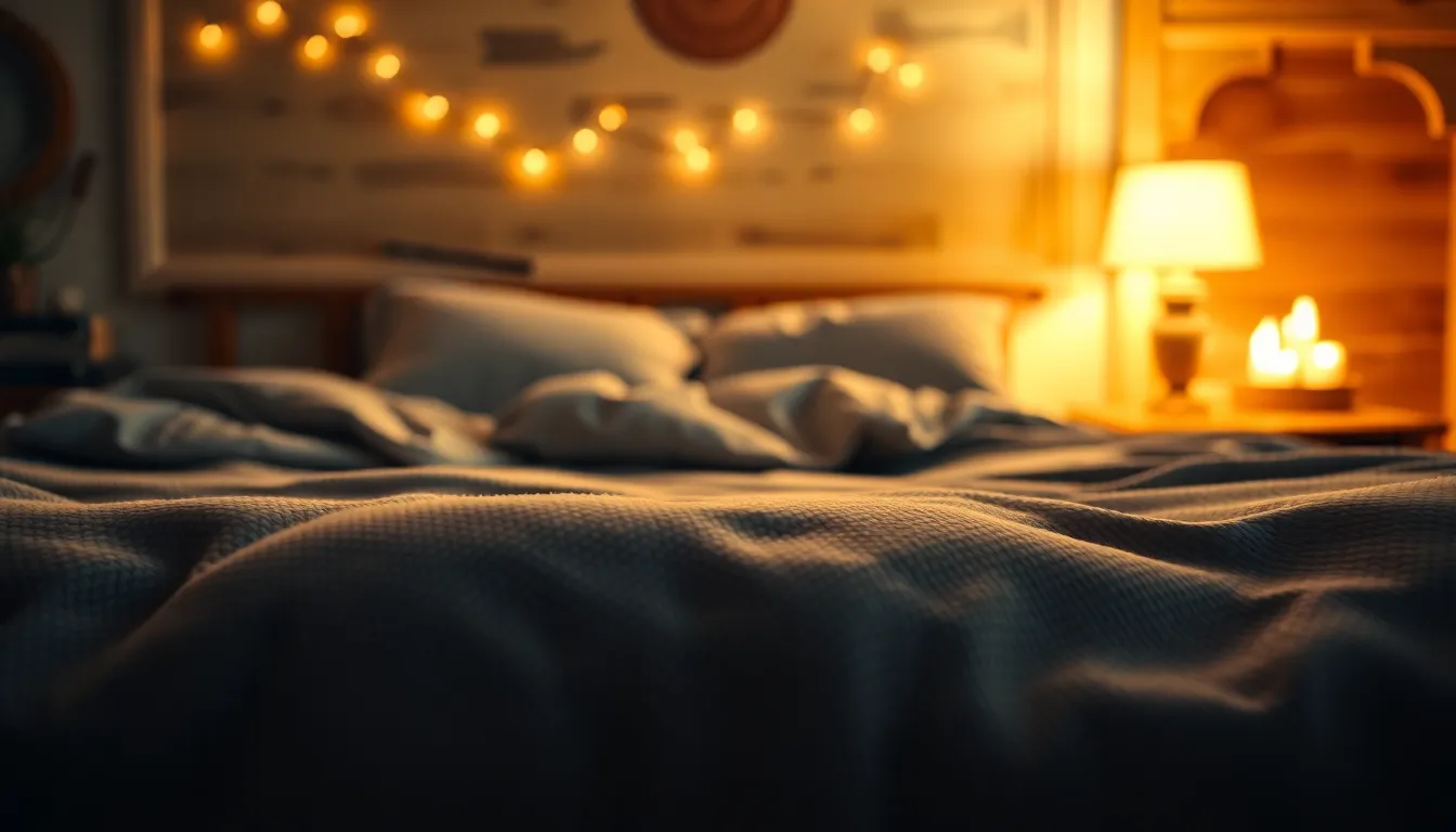 This image depicts a cozy bedroom scene, warmly lit by firelight that enhances the inviting ambiance. Rich textures from plush bedding and warm wood create a nurturing environment ideal for relaxation. The color tones are soft and calming, perfect for promoting a sense of comfort. The selective focus adds depth to the image, highlighting the beauty of home interiors for real estate or lifestyle applications.