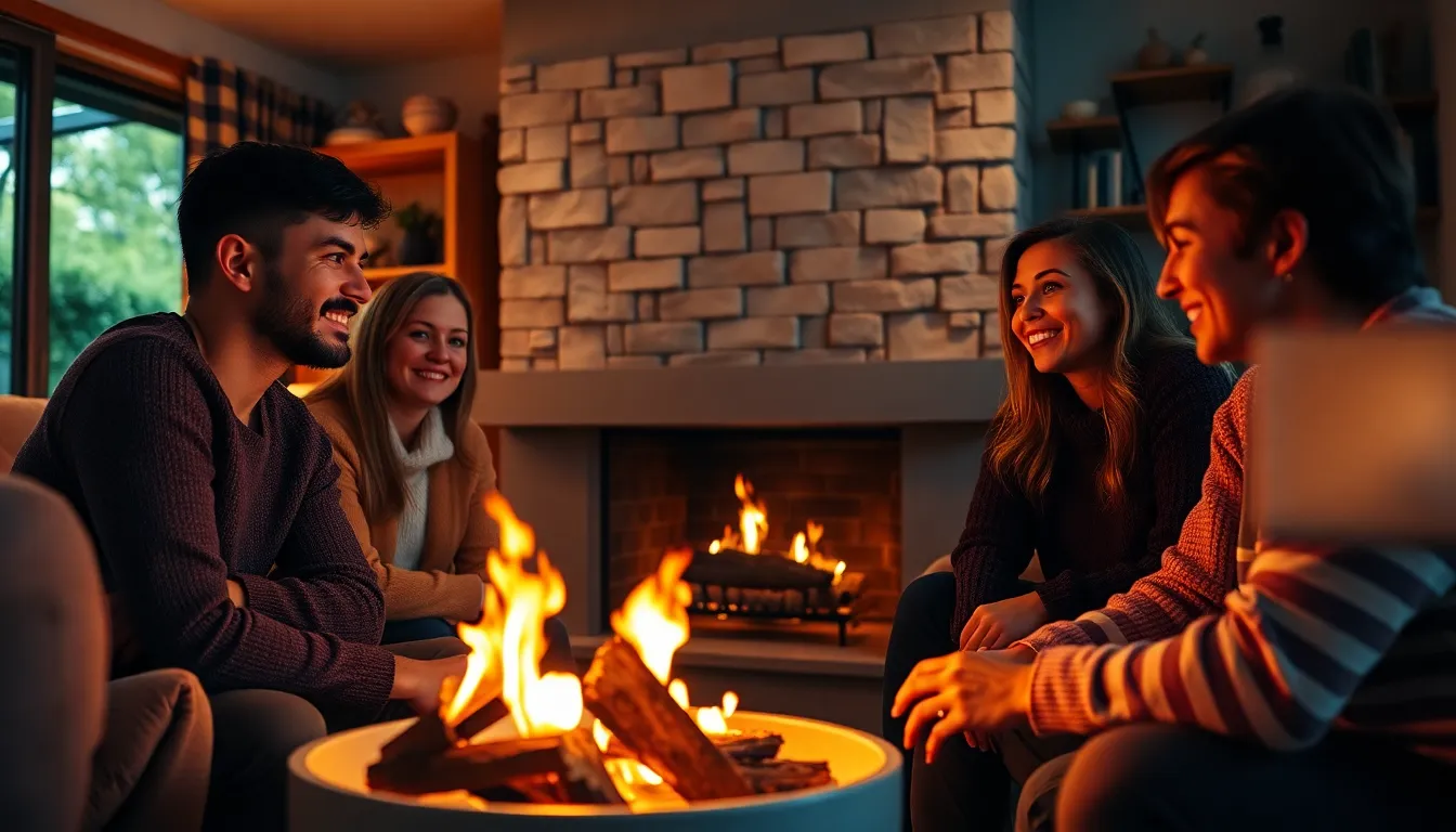 This cozy living room scene captures friends enjoying a warm evening around a modern fireplace, accented by firelight casting flickering shadows. The dynamic Dutch angle adds a touch of excitement while the shallow depth of field isolates the vibrant details, from unique decor items to plush blankets. The saturated colors create an inviting atmosphere, perfect for showcasing the charm of a contemporary home.