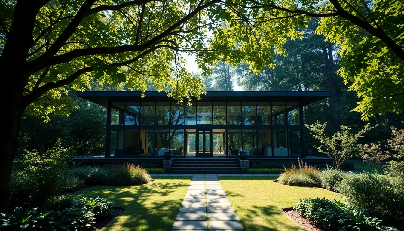 This stunning image captures a modern home embraced by an abundant garden. Expansive glass facades reflect the surrounding lush greenery, blurring the lines between indoors and out. The dappled sunlight filtering through the tree canopy adds a magical quality, enriching the saturated colors. The centered symmetrical composition enhances the architectural beauty of the home, making it a perfect representation of modern living harmonized with nature.