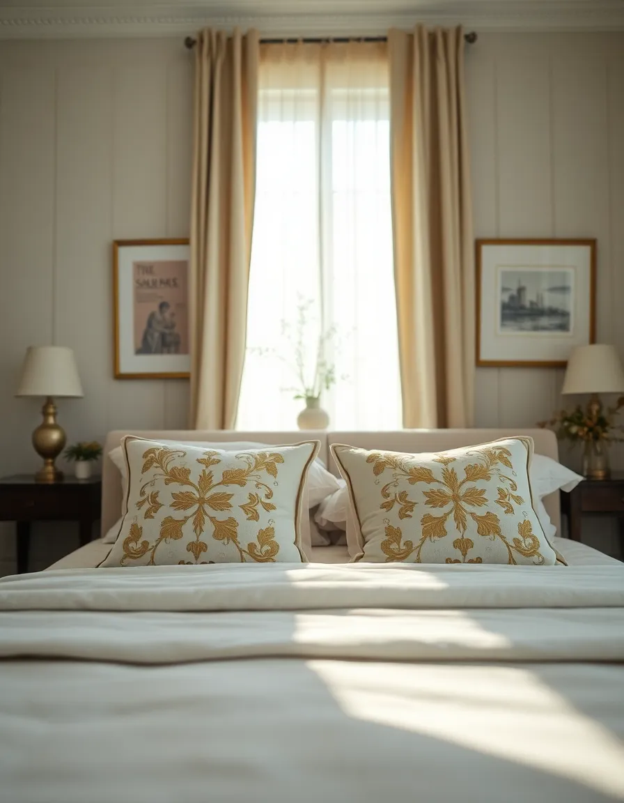 This serene image beautifully showcases an elegant bedroom drenched in soft morning light. The delicate play of light through sheer curtains creates a tranquil ambiance, highlighting the tasteful decor. The centered composition emphasizes the stylish bed adorned with embroidered pillows, inviting relaxation. Natural materials such as linen and wood enrich the textures, making this image perfect for home design inspiration and real estate listings.
