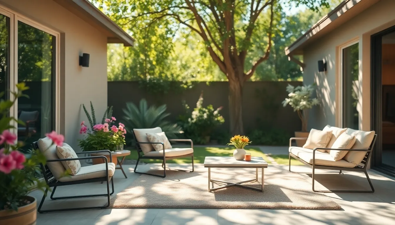 This photorealistic image depicts a modern outdoor patio adorned with minimalist furniture and a cozy rug, set amidst lush greenery. Dappled sunlight filters through the trees, creating enchanting bokeh highlights and playful shadows. The vibrant colors of blooming flowers provide a striking contrast, inviting relaxation and outdoor enjoyment in a contemporary setting.