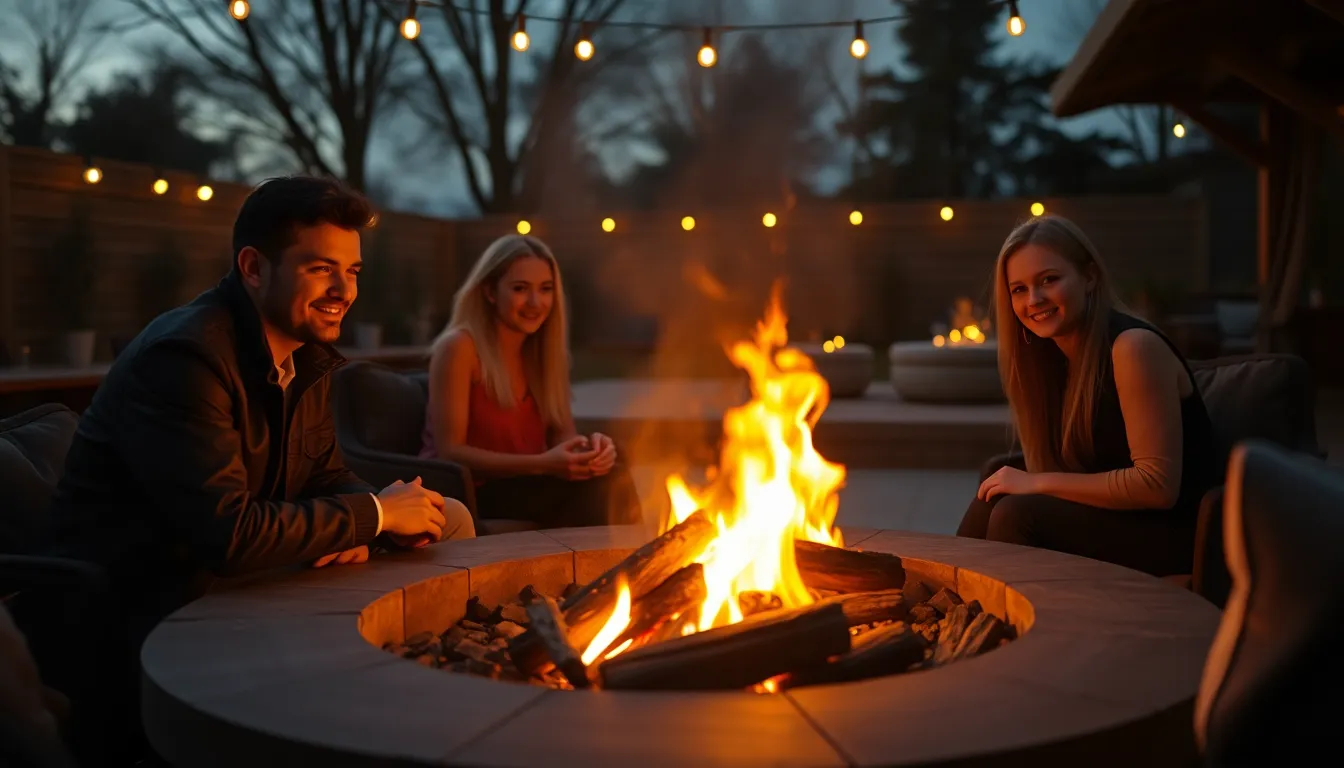 This inviting modern fire pit scene captures a cozy gathering spot, surrounded by stylish seating that invites relaxation. The flickering firelight casts warm shadows across the faces of guests, enhancing the intimate atmosphere. With a Dutch angle composition, the image conveys dynamic tension, while the muted earth tones enhance the serene outdoor experience, perfect for evening gatherings.