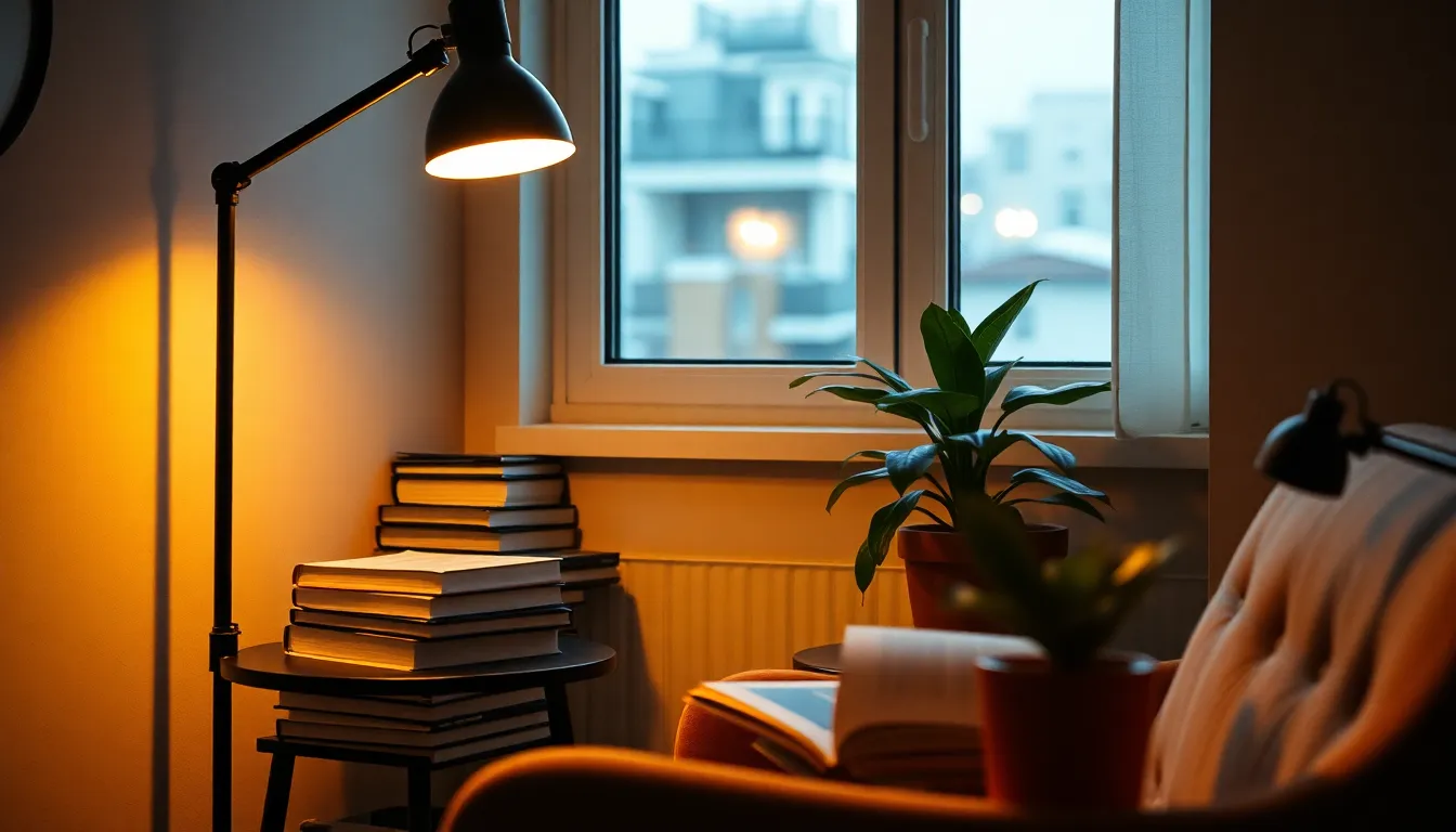 This charming modern study nook image highlights a cozy reading corner designed for relaxation. The warm light from a tungsten desk lamp bathes the space in inviting tones, while the stylish armchair and stack of books invite leisurely reading. The shallow depth of field keeps the focus intimately on the armchair, creating an inviting atmosphere perfect for quiet contemplation.