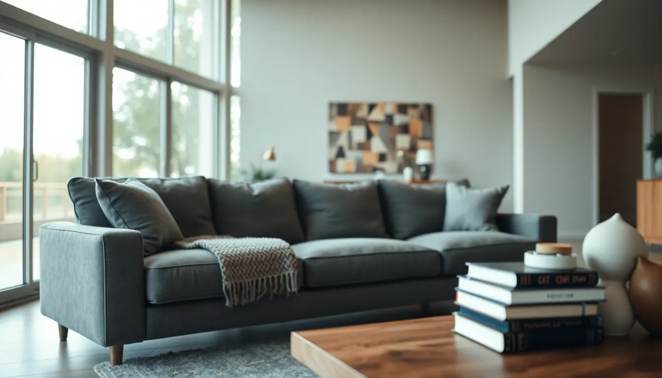 This inviting modern living room image captures the essence of comfort and style. A plush gray sectional sofa, draped with a textured throw blanket, invites relaxation. The soft diffused daylight streaming through the expansive windows creates a tranquil ambiance. The carefully composed image utilizes the rule of thirds to draw attention to the cozy seating area, framed by a calm color palette of muted earth tones.