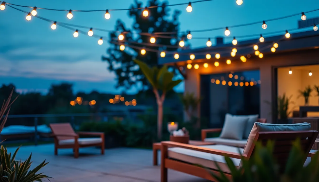 This serene patio scene captures the essence of outdoor relaxation during twilight as warm string lights illuminate the modern furnishings. The composition invites viewers to imagine themselves lounging under the soft glow, with deep blues of the sky contrasting beautifully against warm wood tones. Selective focus emphasizes the inviting chair, creating a tranquil ambiance. This image perfectly represents contemporary outdoor living, ideal for real estate, lifestyle blogs, and outdoor decor enthusiasts.