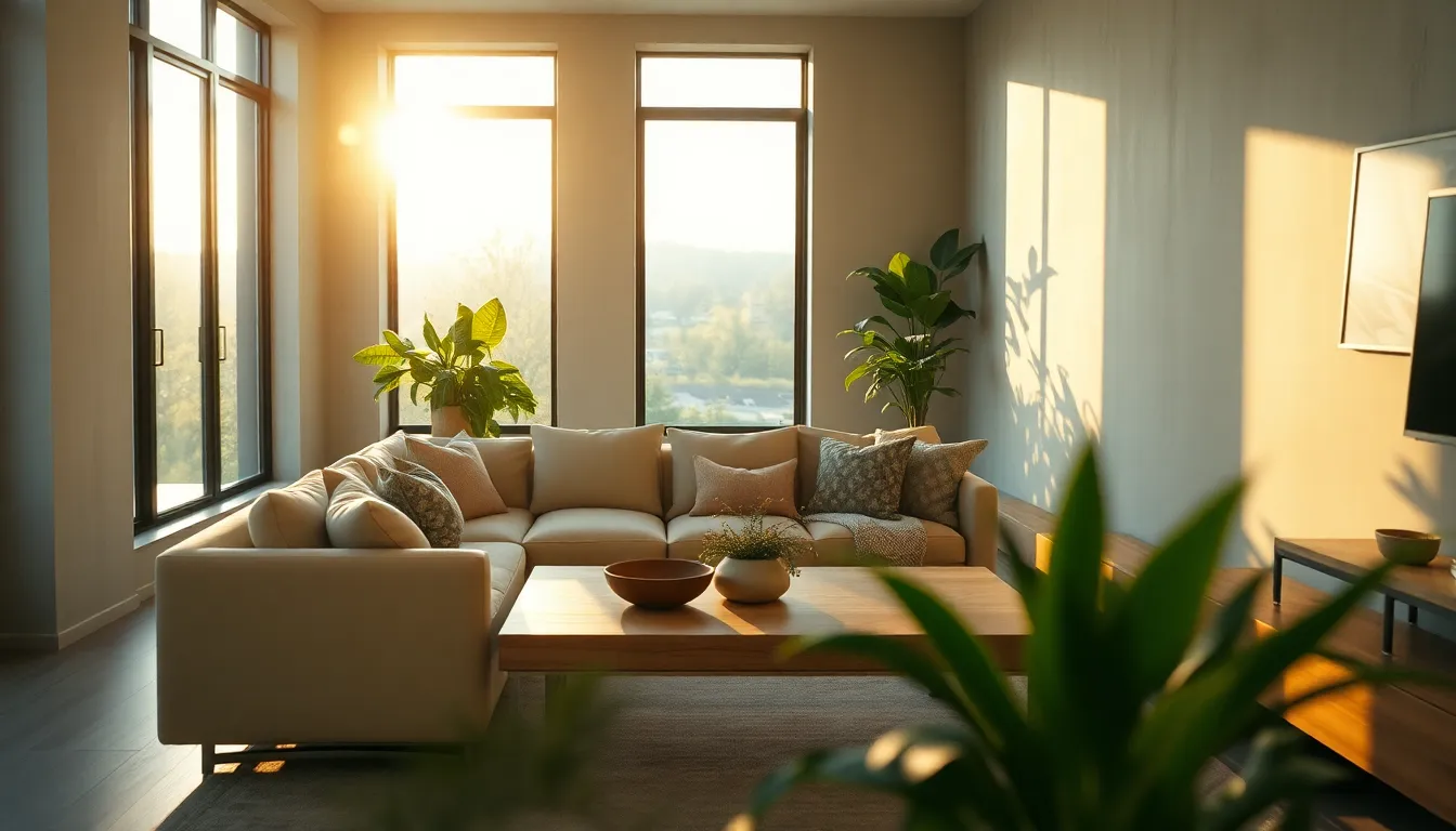 This image captures a stunning modern minimalist living room bathed in golden hour light. Large windows flood the space with warmth, highlighting the plush beige sofa and natural wood coffee table. The greenery adds a vibrant touch, while the brushed concrete walls provide a contemporary aesthetic. The soft bokeh in the background enhances the serene atmosphere of the room.