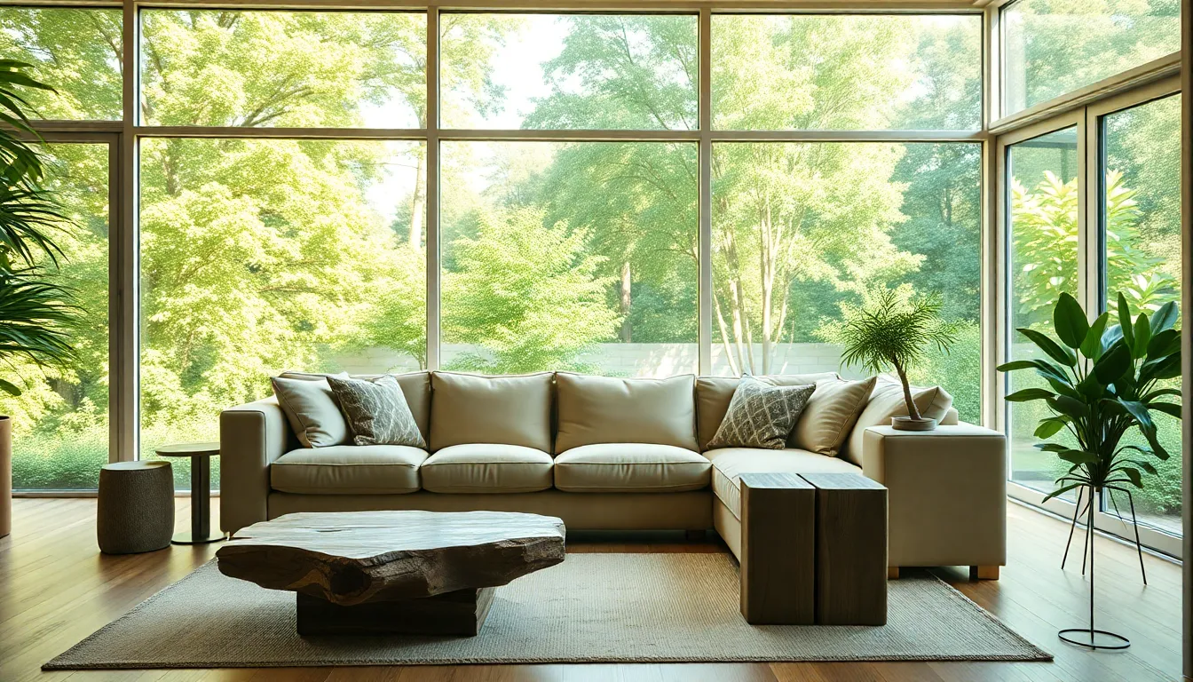 This modern living room scene captures the beauty of design and comfort at golden hour. Soft earth tones and vibrant cushions bring life to the plush sofa, while large windows reveal a lush garden. The warm rim lighting highlights the hardwood floor's texture and the abstract artwork, creating a cozy and inviting atmosphere. The shallow depth of field directs attention to the intricate details of the decor, making this image perfect for modern interior design showcases.