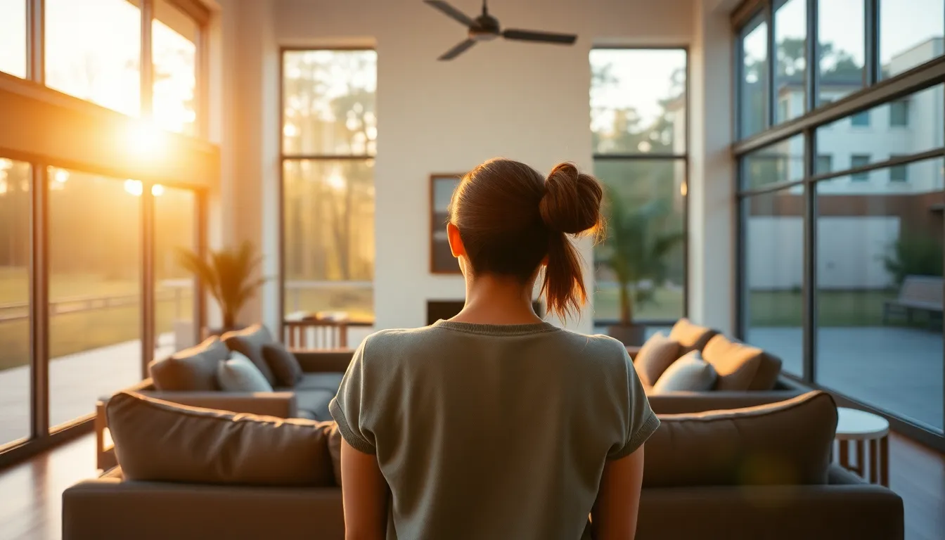 This image captures a sophisticated modern living room drenched in golden hour light. Large glass windows frame the space, creating an inviting atmosphere, while soft velvet cushions and polished hardwood floors add warmth and richness. The depth of field emphasizes the luxurious textures, with a creamy bokeh backdrop enhancing the tranquil mood. This scene reflects contemporary design principles, merging comfort with style.