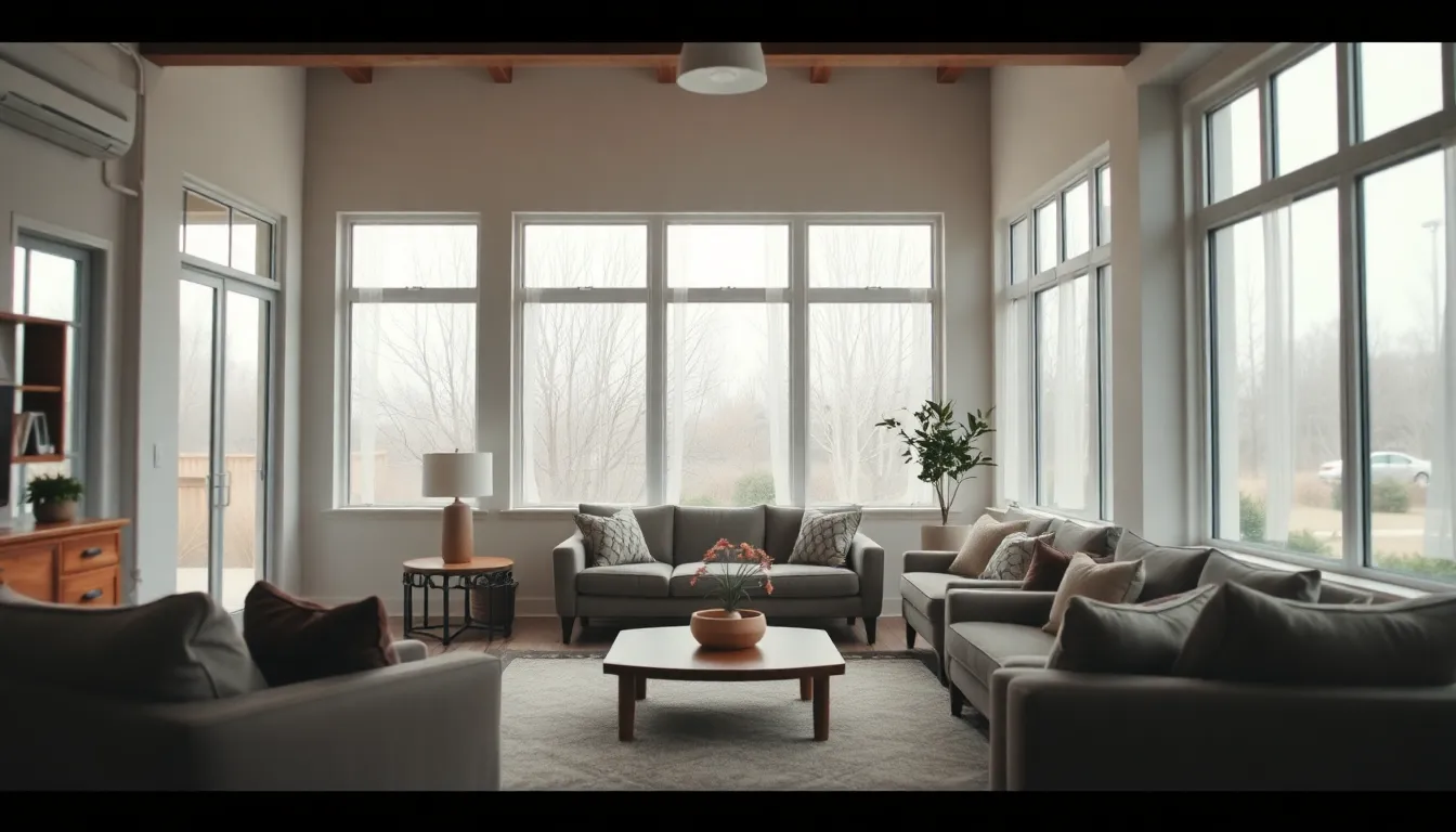 This image captures a cozy living room within a modern home, featuring large windows that let in soft daylight. The room is furnished with cream-colored sofas and wooden accents, creating a warm and inviting atmosphere. The natural muted colors and textures of the furniture add to the serene mood. The composition invites viewers to explore the inviting space, showcasing its well-thought-out design and comfort.