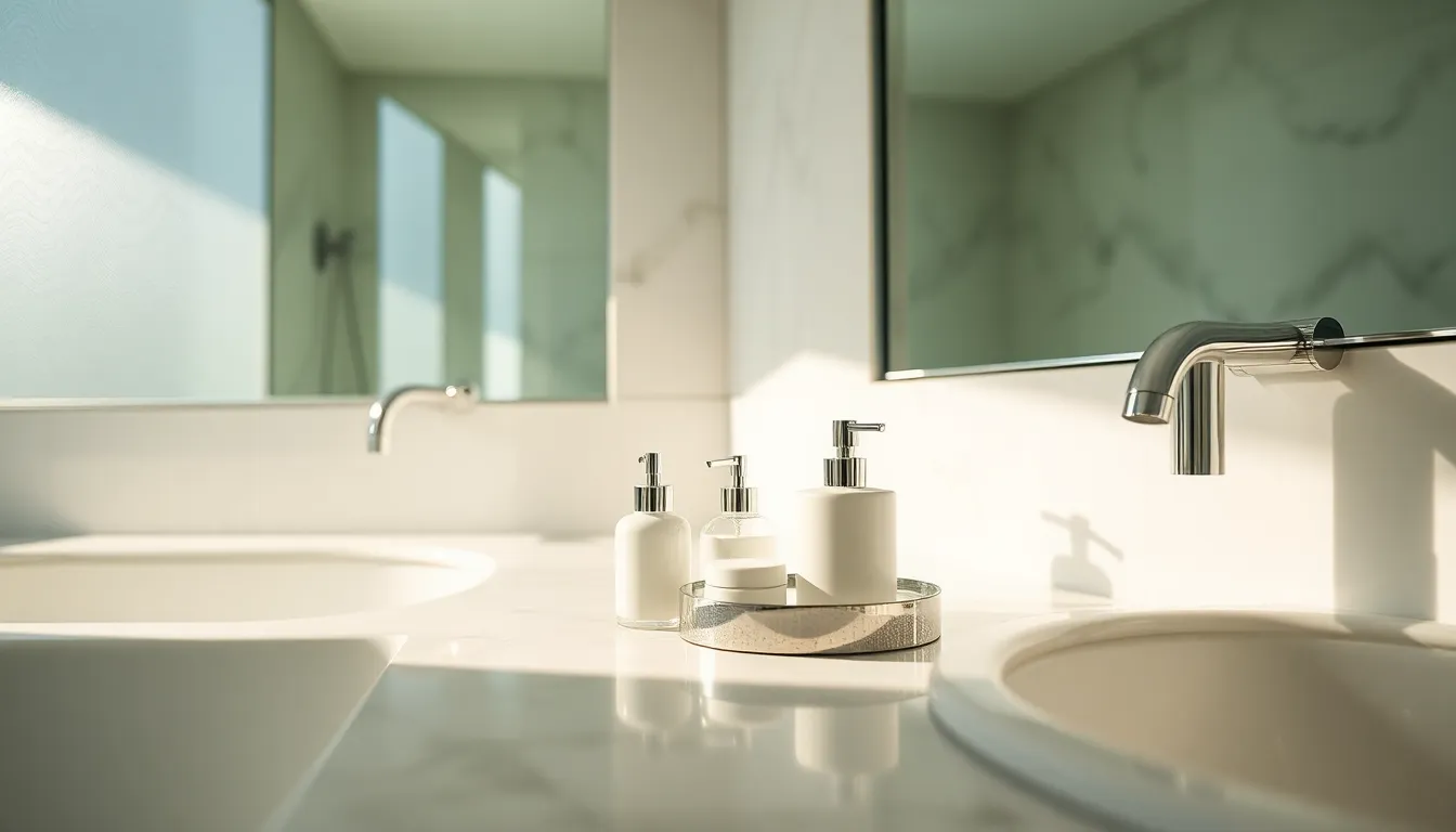 This modern bathroom scene highlights the luxury and detail of contemporary design. Bathed in natural sunlight, the bright and airy atmosphere is enhanced by serene whites and soft greens. Macro focus reveals intricate textures of marble tiles and polished fixtures, creating a sense of indulgence. The composition elegantly arranges bath accessories, showcasing the harmonious blend of functionality and aesthetics. Ideal for interior design portfolios or real estate listings, this image captures the essence of modern luxury.