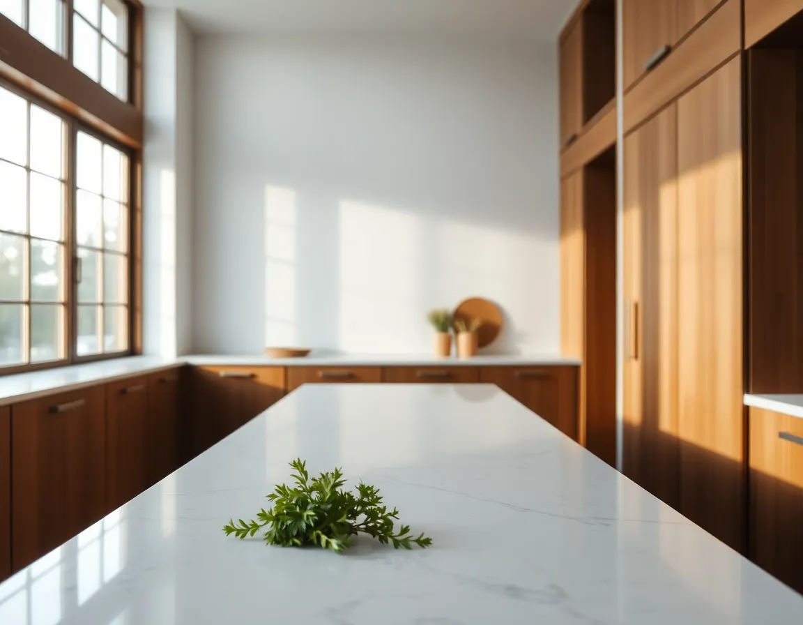This image captures a minimalist kitchen featuring a stunning marble countertop bathed in soft diffused daylight. The selective focus highlights the smooth texture of the marble and vibrant green herbs scattered across the surface, creating an inviting yet elegant atmosphere. Leading lines from the countertop draw the viewer's eye through the space, while the natural muted tones and rich wooden cabinetry enhance the overall warmth. This kitchen embodies modern simplicity.
