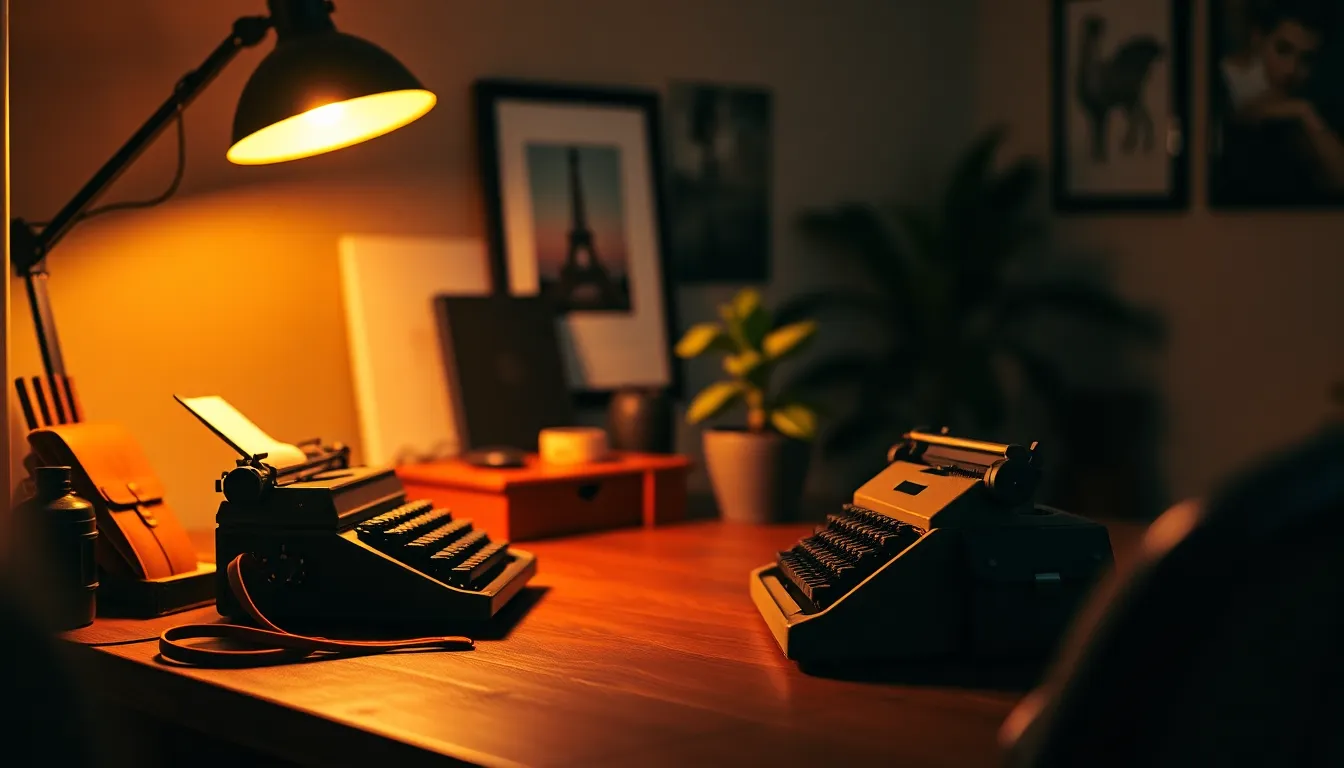 This inviting image showcases a stylish home office setup, illuminated by a warm tungsten desk lamp. The selective focus highlights a vintage typewriter and leather accessories on the desk, while the rich colors create an atmosphere of comfort and creativity. The background fades softly, allowing the viewer to appreciate the artistic wall prints and potted plants that enhance the workspace.