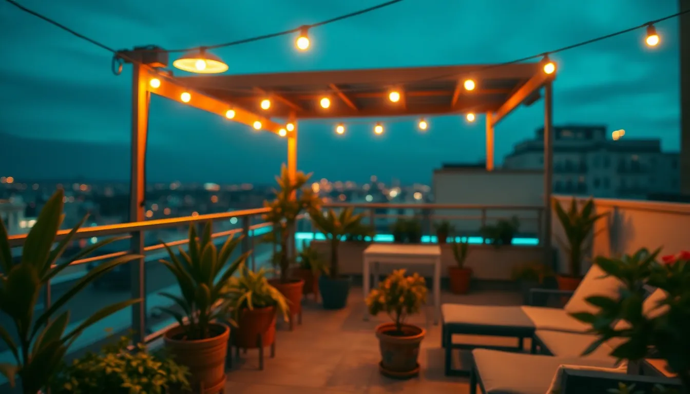 A beautiful rooftop terrace garden is captured at dusk, bathed in warm tungsten light, creating a cozy and inviting atmosphere. The lush greenery and stylish lounge furniture create an ideal setting for relaxation and gatherings. The soft focus in the background contrasts with the detailed foreground, enhancing the tranquility of the scene. The inviting space under the evening sky is perfect for socializing or unwinding.