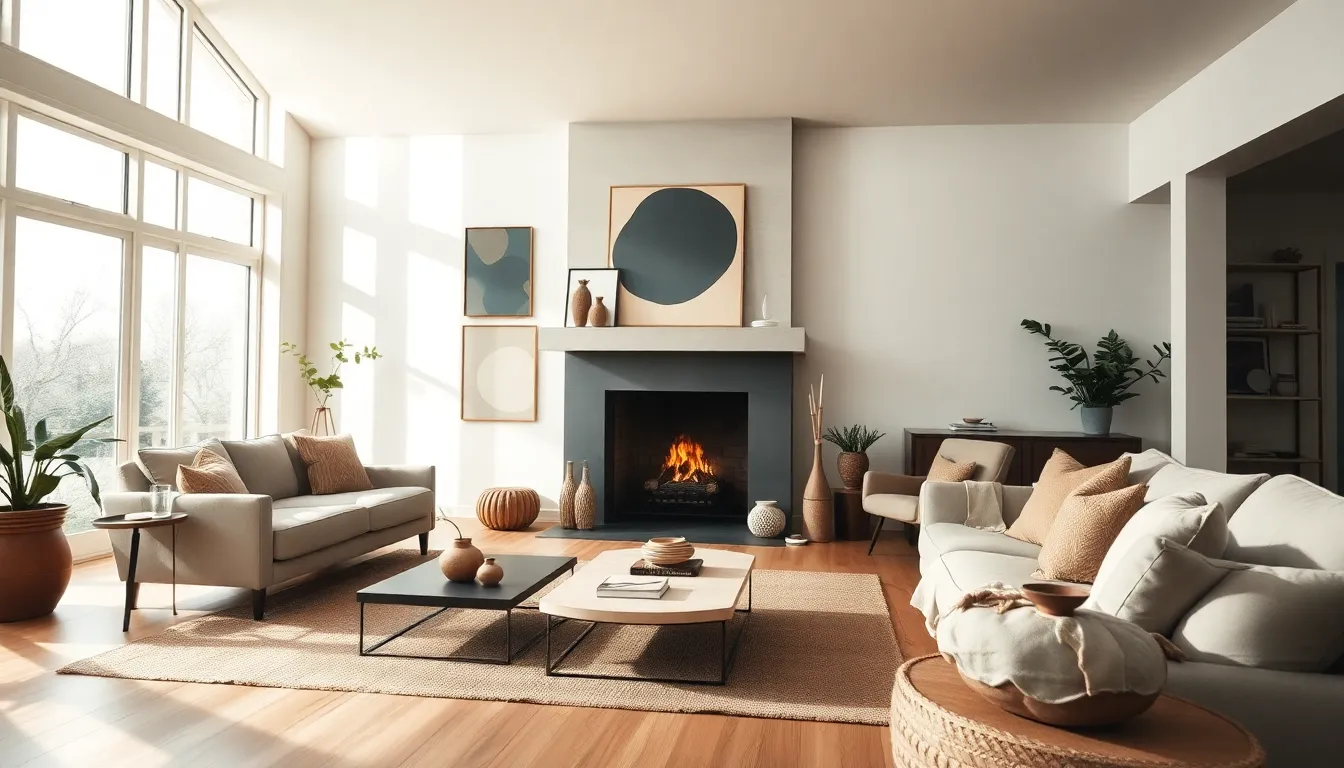 Elegant Open Floor Plan Living Area with Art This elegant open floor plan living area is beautifully illuminated by natural sunlight, creating an inviting ambiance. The composition features leading lines that draw attention toward a modern fireplace, surrounded by unique art pieces and thoughtfully selected furniture. Textural details, such as a wool rug and ceramic decor, enhance the overall aesthetic. The natural muted tones embody contemporary elegance, making this space a perfect blend of comfort and style.